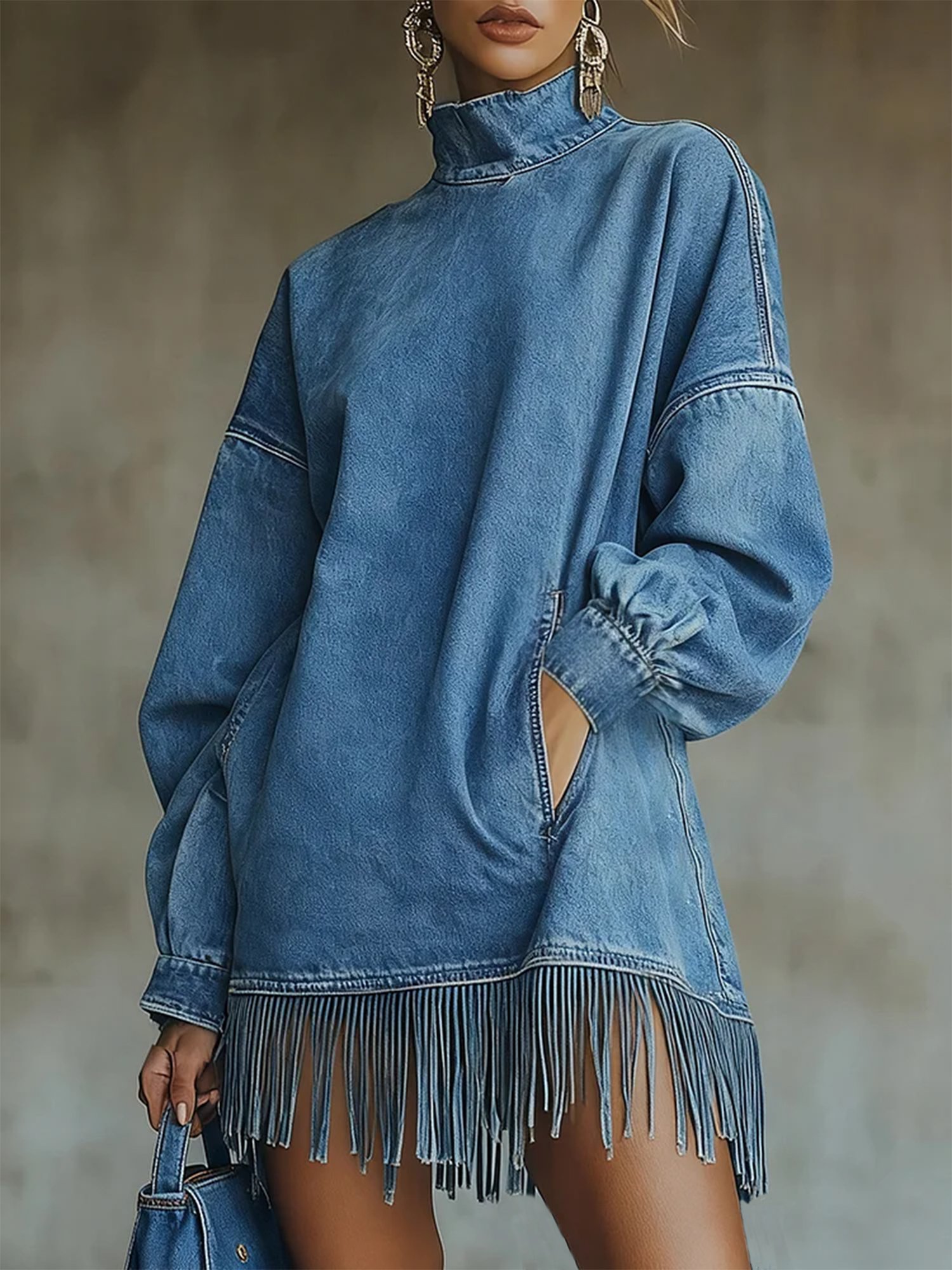 Denim Casual Plain Balloon Sleeve Tassel Turtleneck Mini Dress