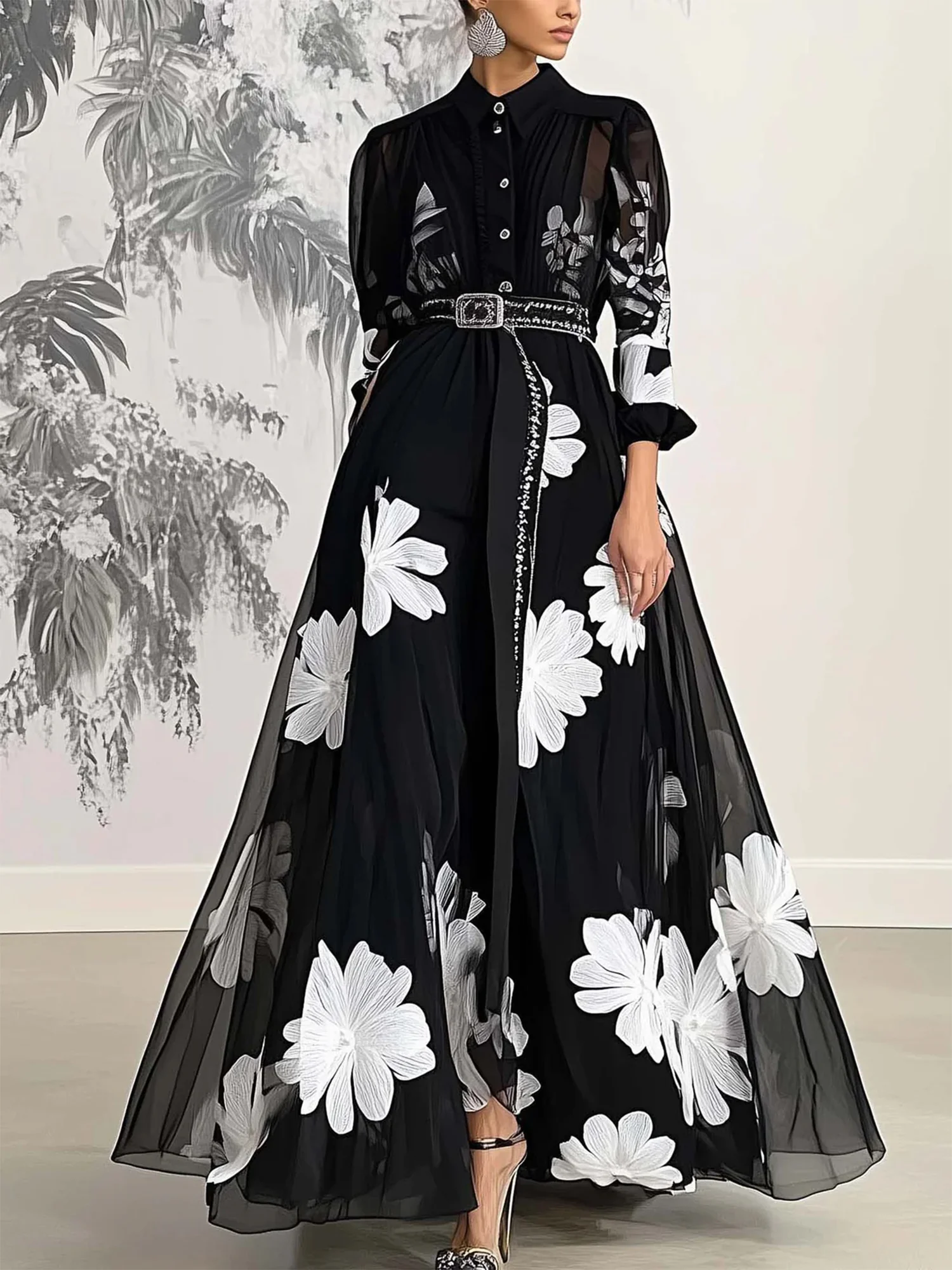 Elegant Floral Printing Stand Collar Maxi Dress With Belt