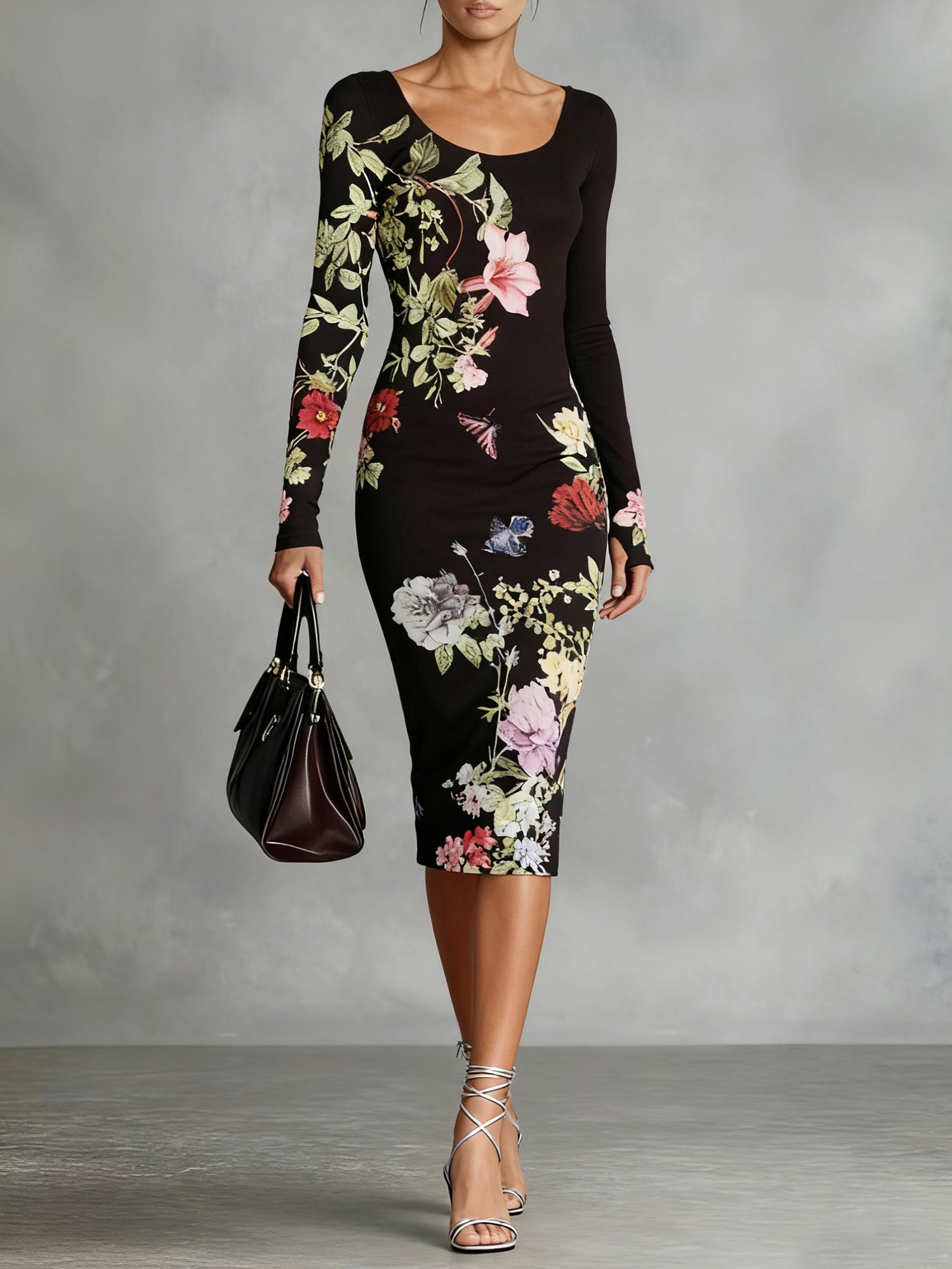 Elegant Floral  Printing Crew Neck Midi Dress