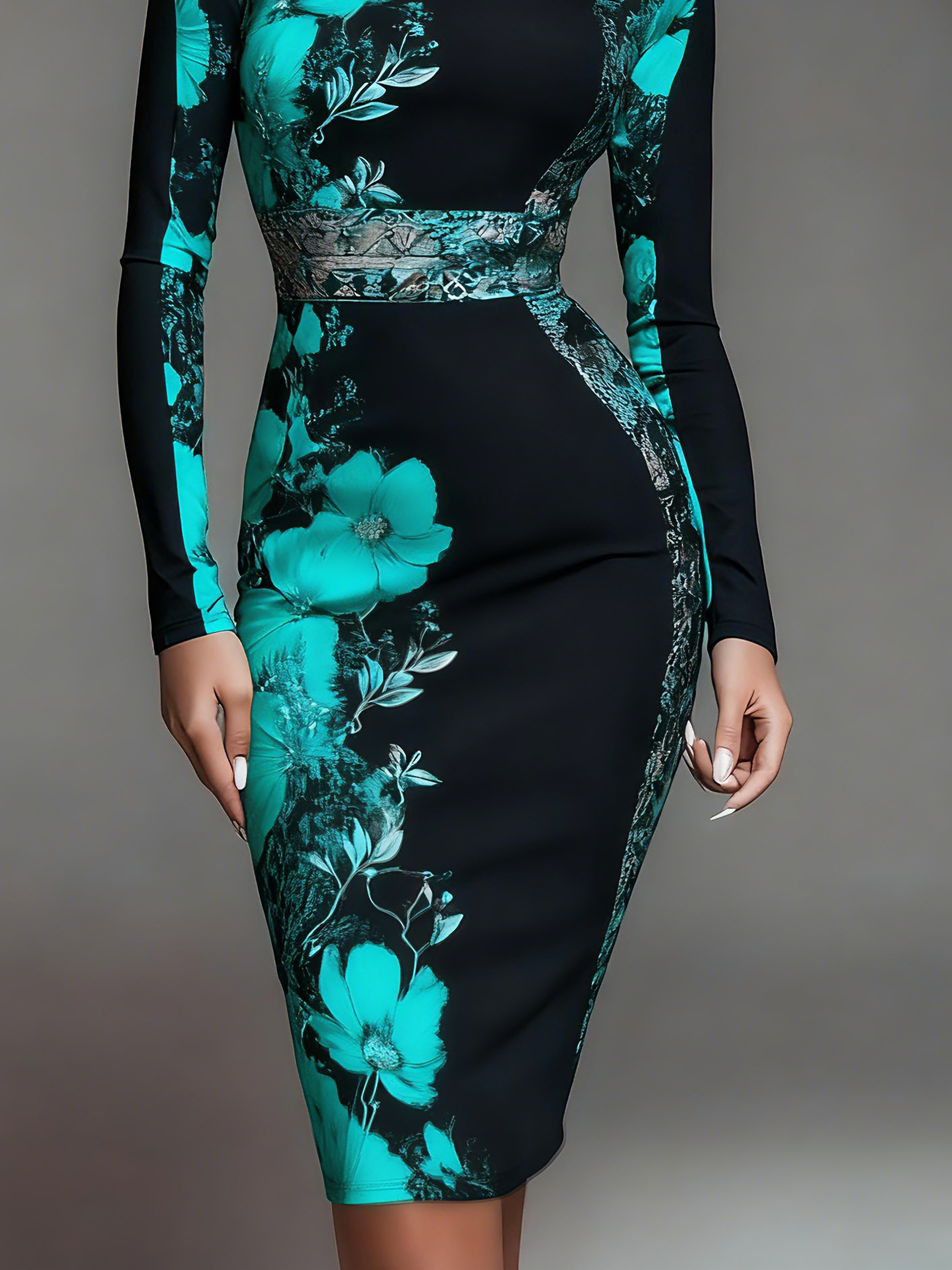 Elegant Floral Printing Stand Collar Midi Dress