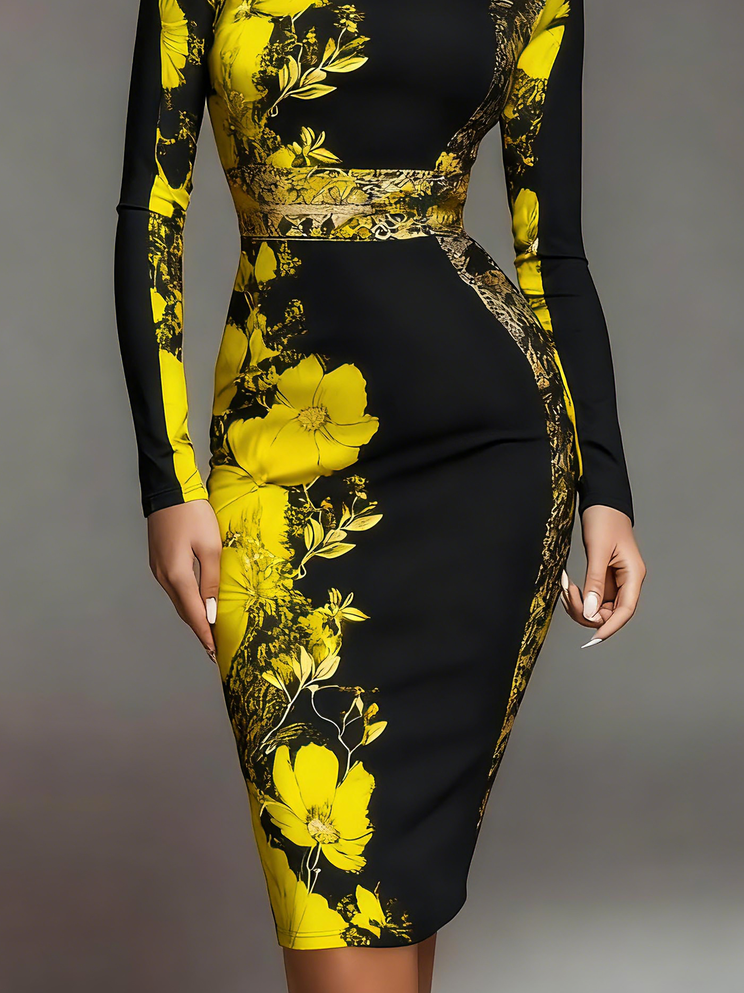 Elegant Floral Printing Stand Collar Midi Dress