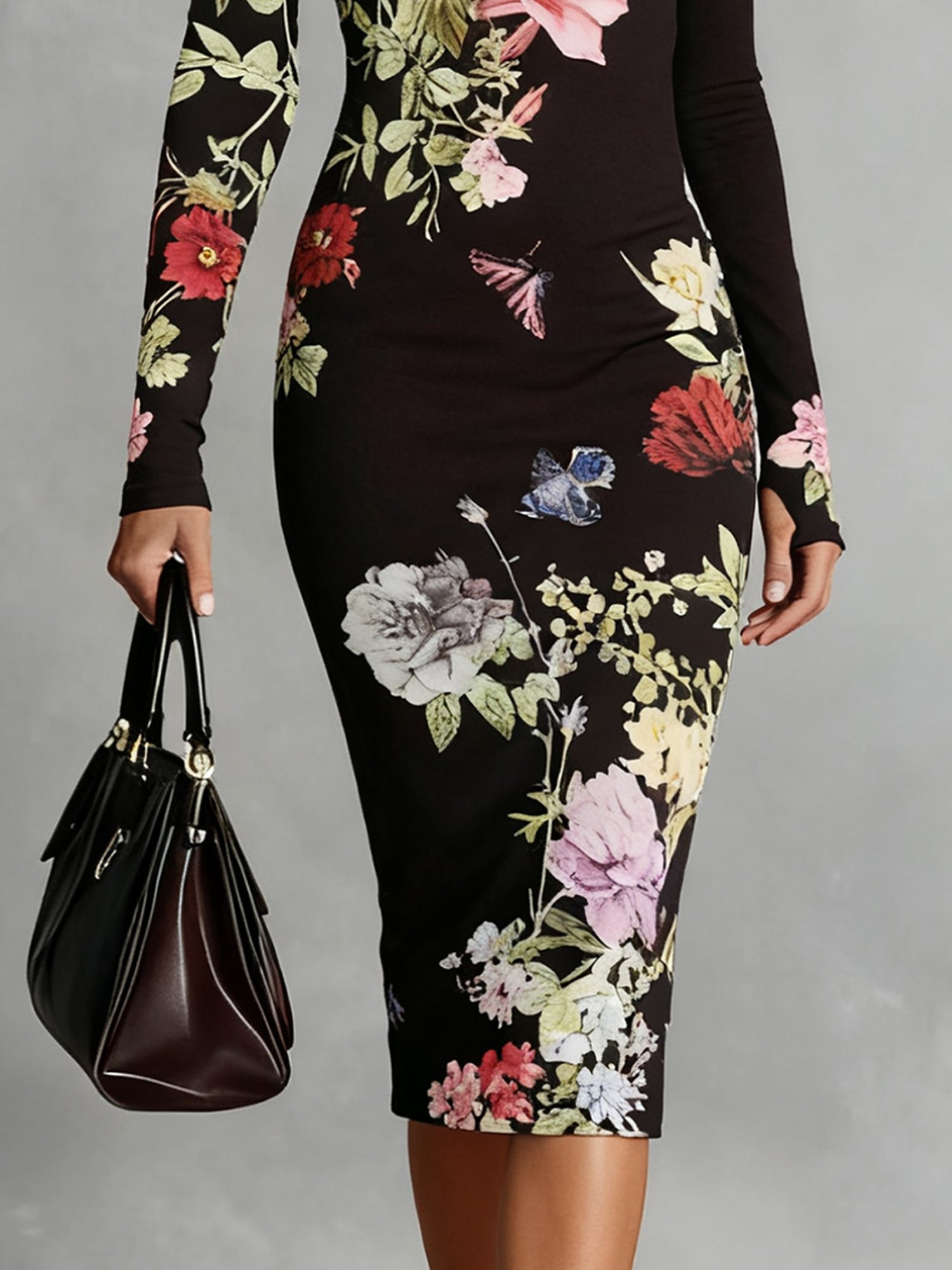 Elegant Floral  Printing Crew Neck Midi Dress