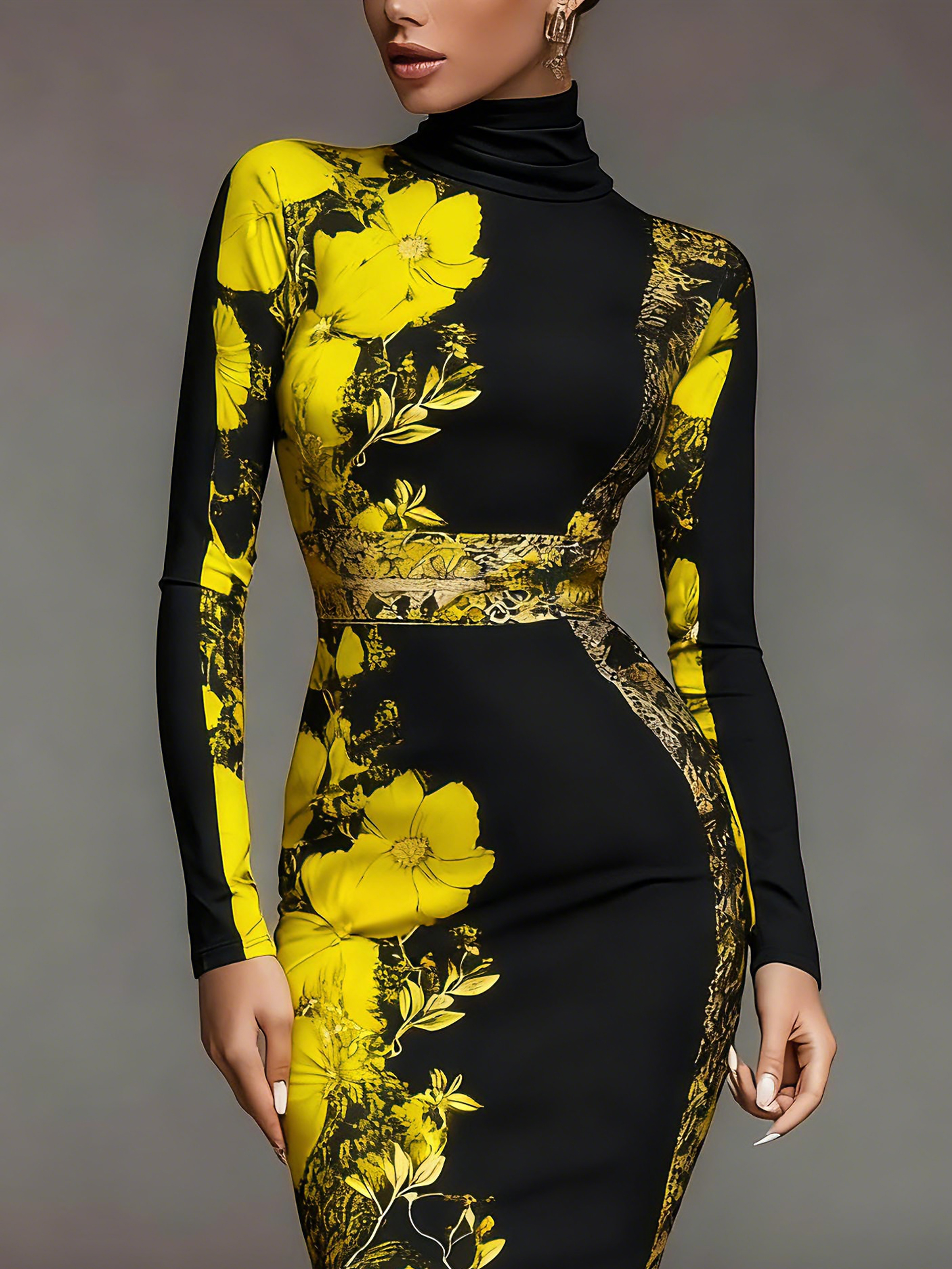 Elegant Floral Printing Stand Collar Midi Dress