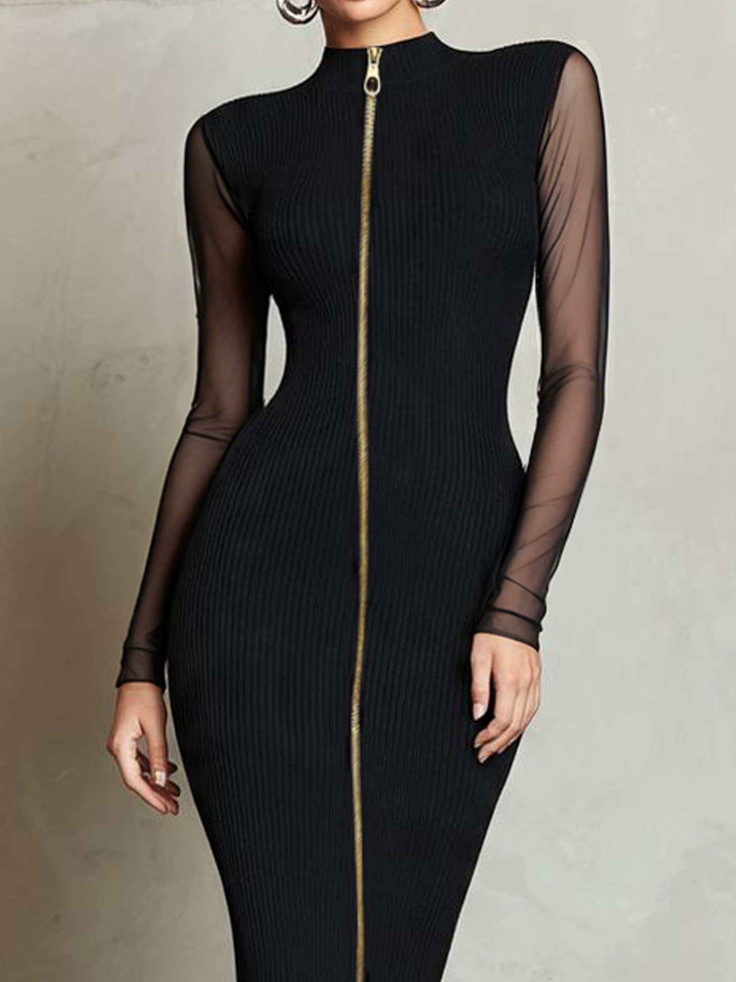 Elegant Plain Stand Collar Midi Dress