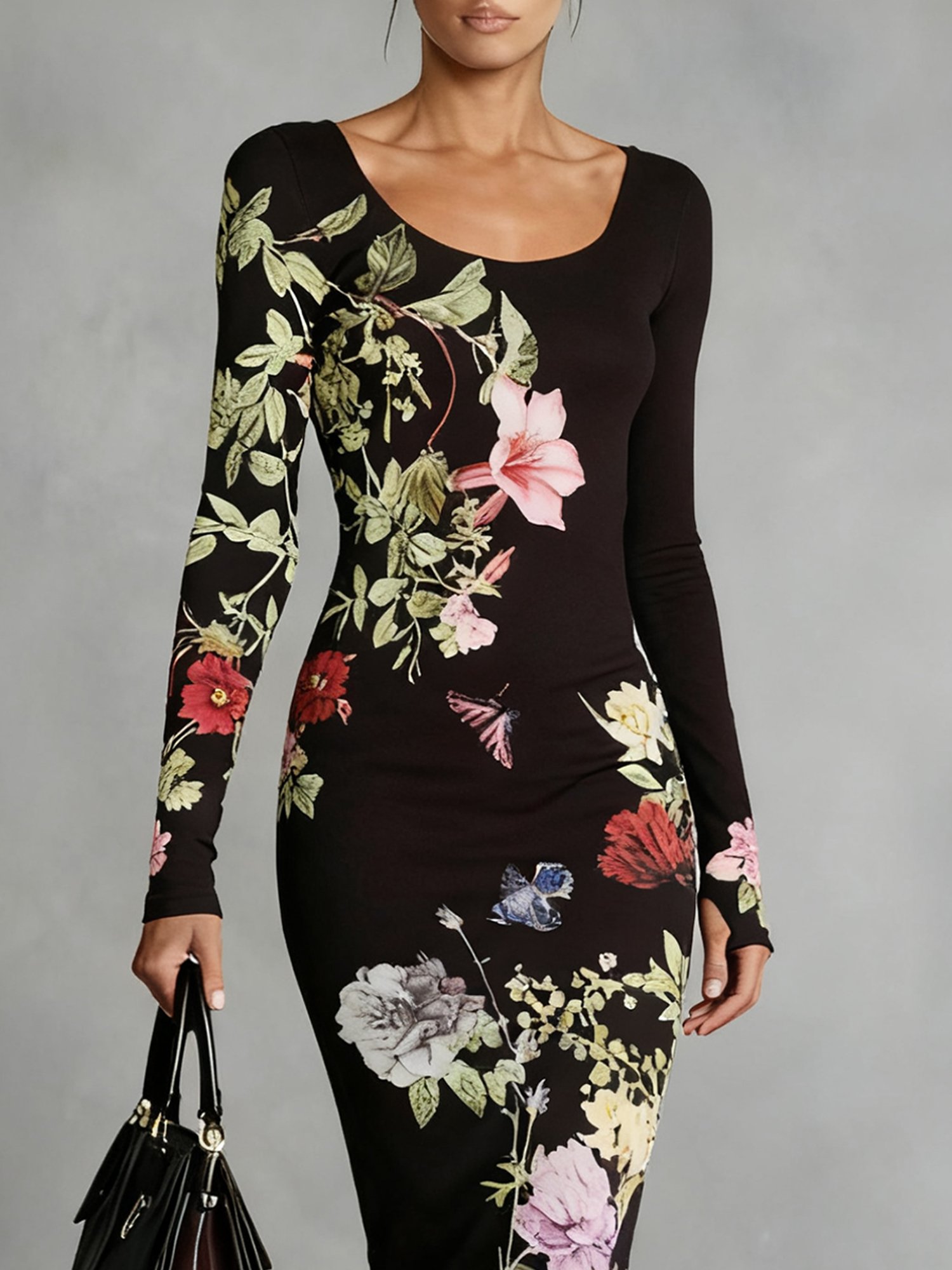 Elegant Floral  Printing Crew Neck Midi Dress