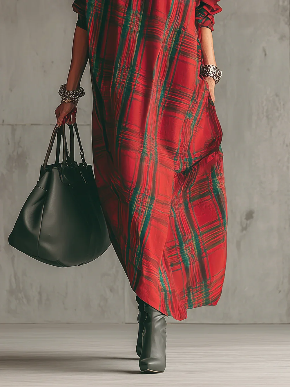 Urban Plaid Printing Stand Collar Midi Dress