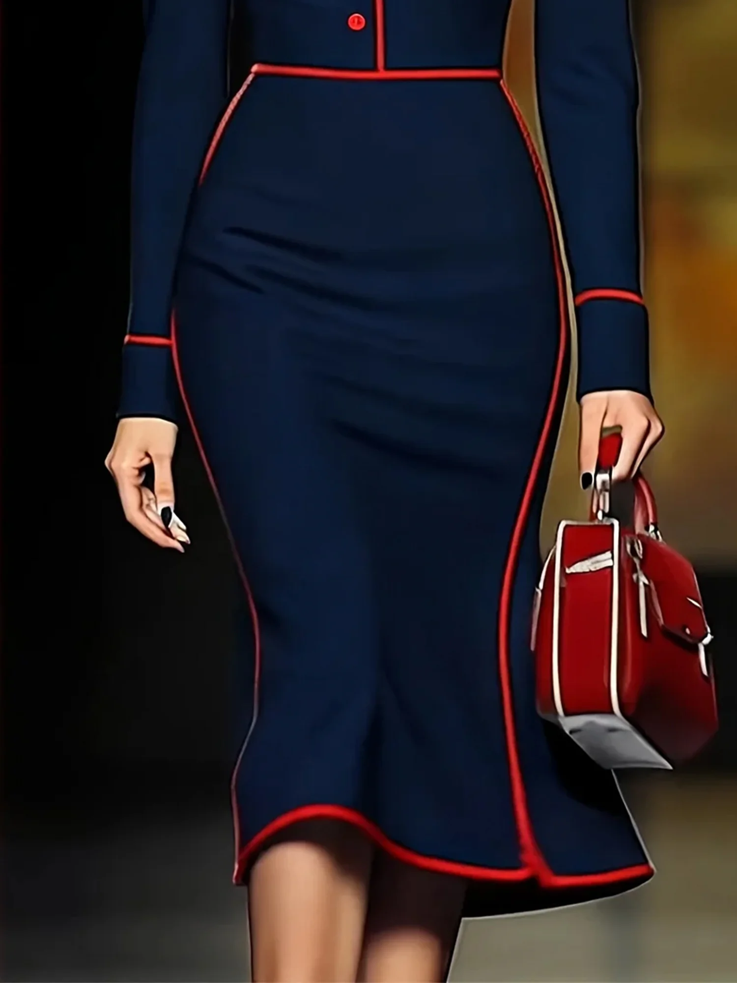 Elegant Color Block Buttoned Shawl Collar Knee Length Dress