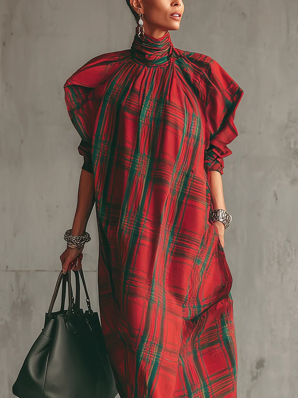 Urban Plaid Printing Stand Collar Midi Dress