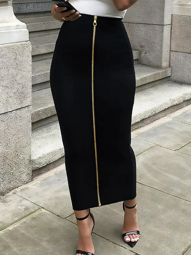 Plus Size Urban Zipper Plain Maxi Skirt