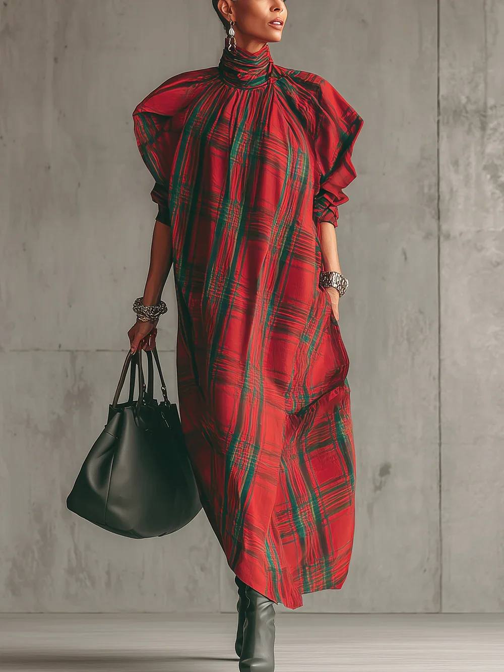 Urban Plaid Printing Stand Collar Midi Dress
