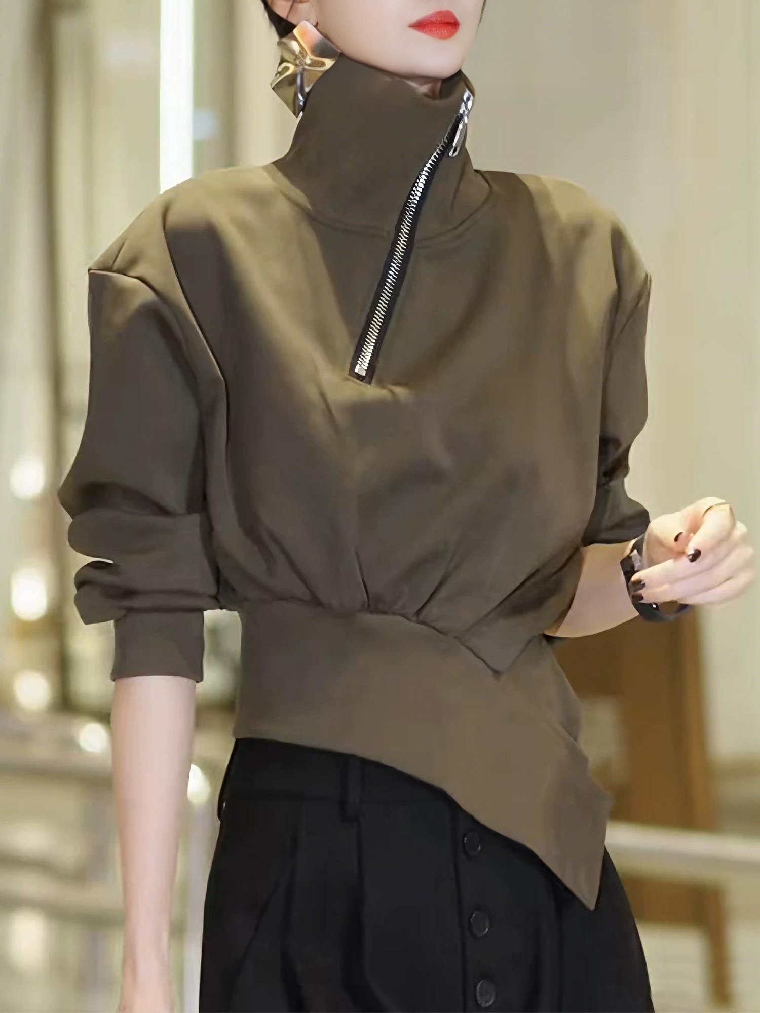 Casual Plain Irregular Craftsmanship Turtleneck Sweatshirt