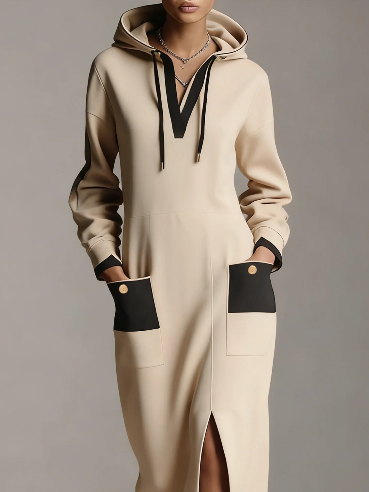 Casual Color Block Slit Hoodie Maxi Dress