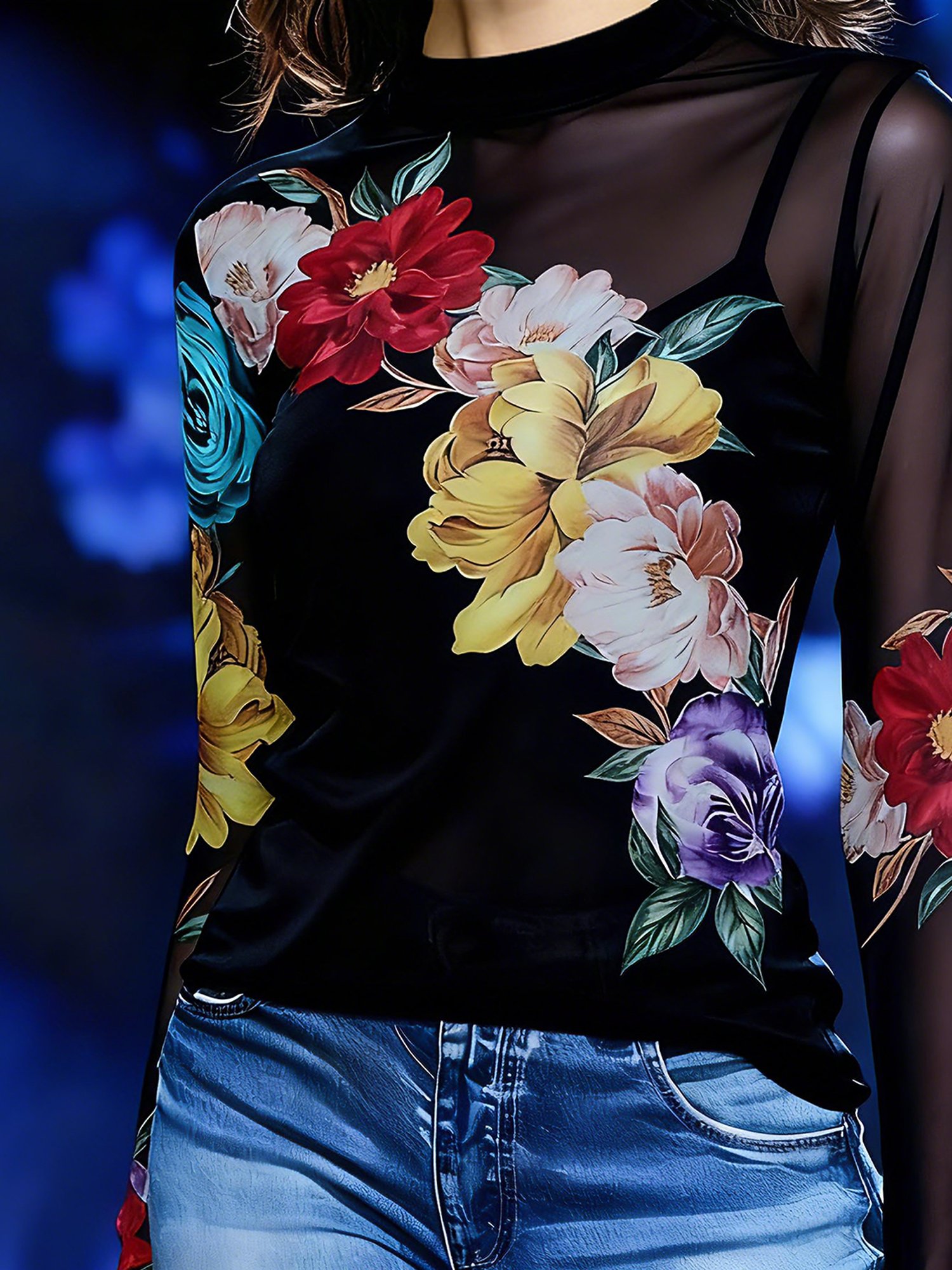 Casual Floral Printing Stand Collar T-shirt