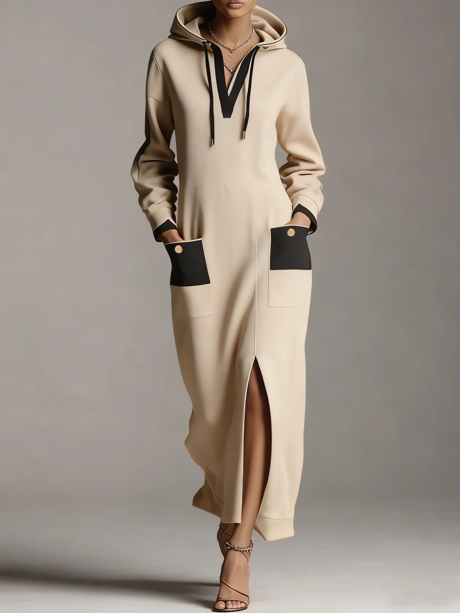 Casual Color Block Slit Hoodie Maxi Dress