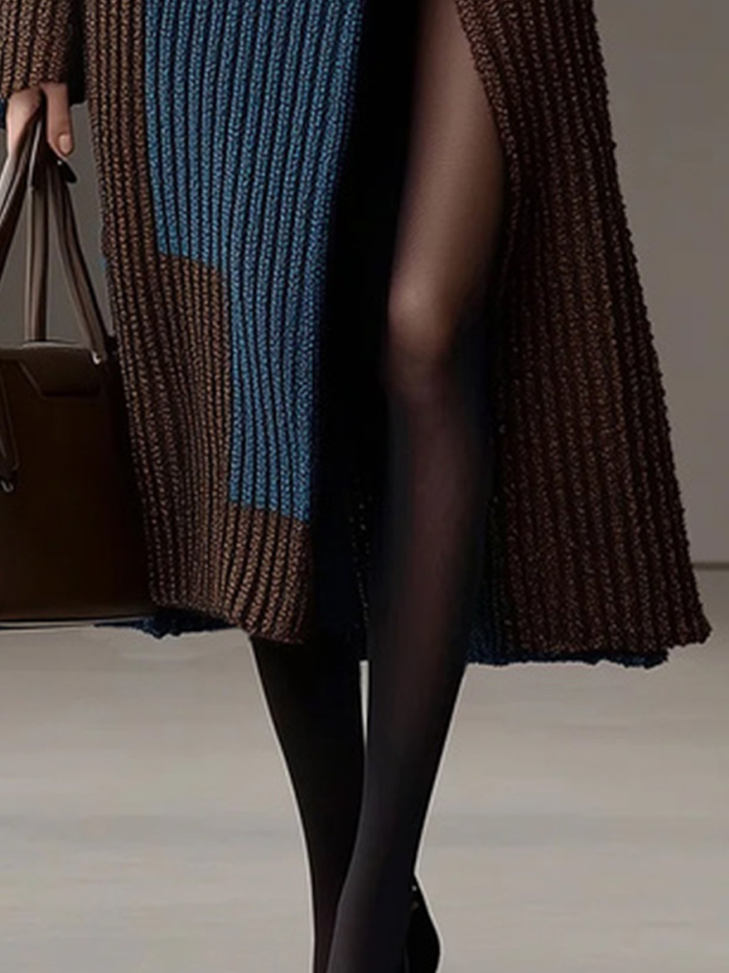 Casual Color Block Lapel Collar Sweater Cardigan With Belt