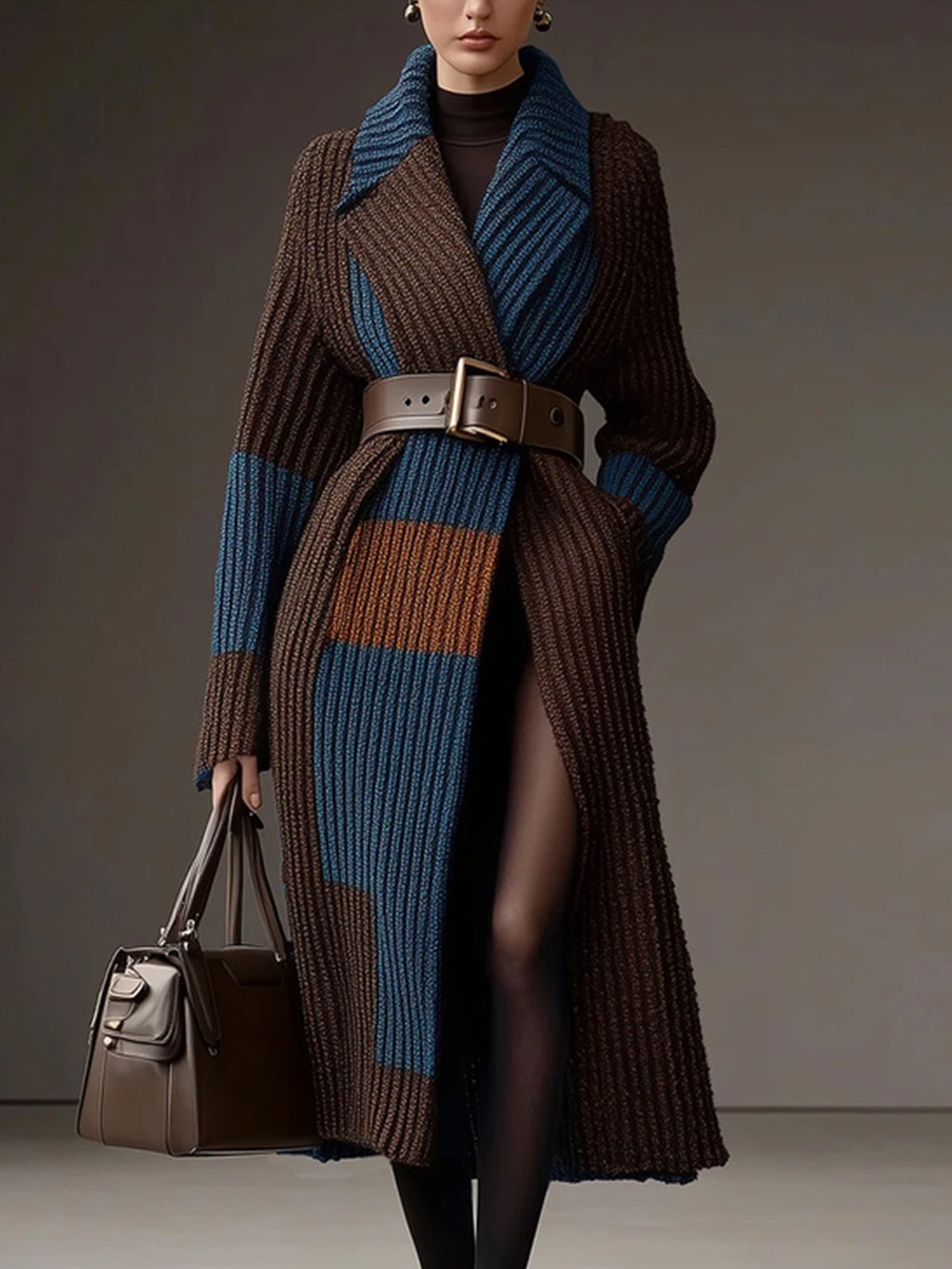 Casual Color Block Lapel Collar Sweater Cardigan With Belt