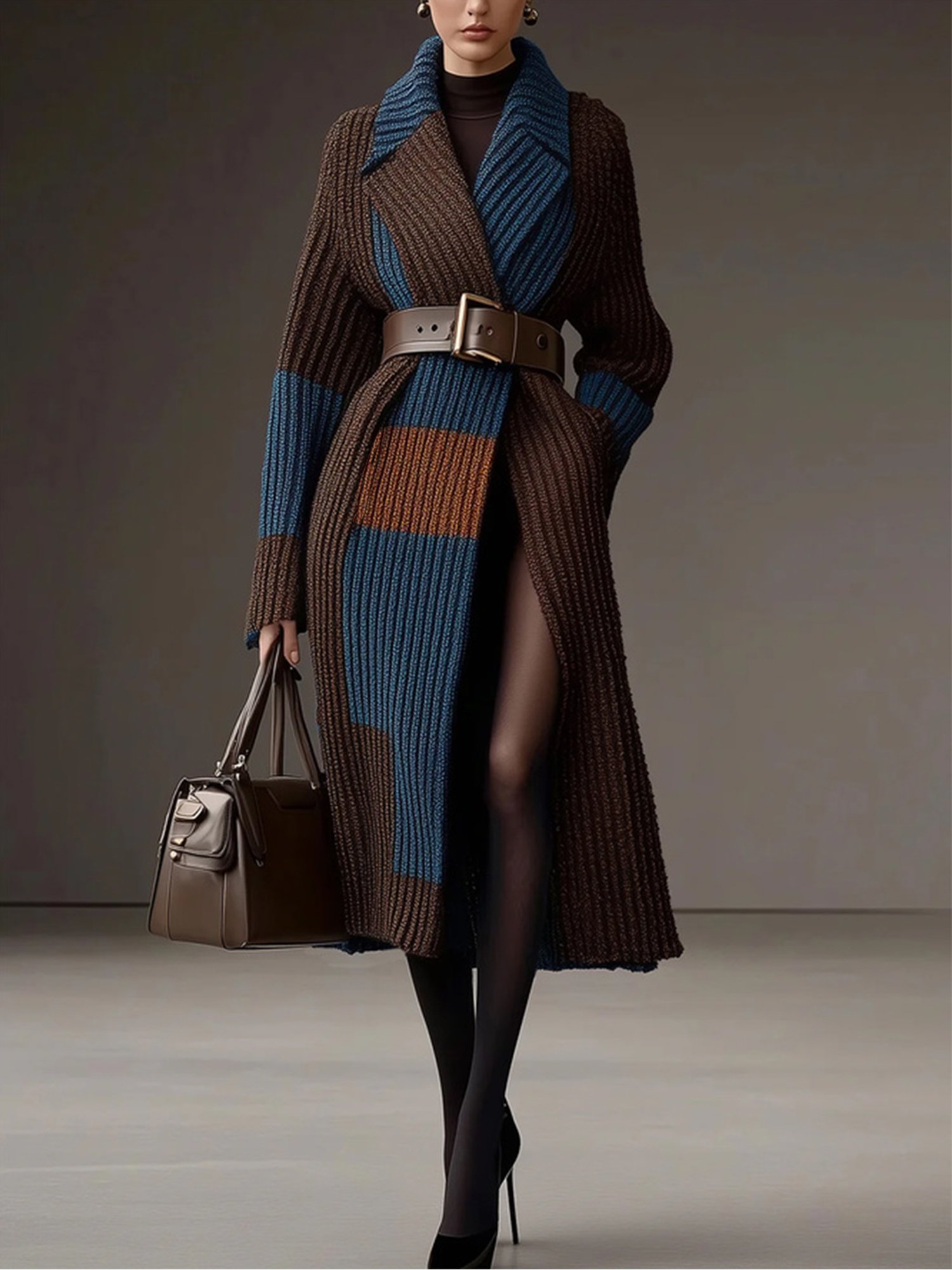 Casual Color Block Lapel Collar Sweater Cardigan With Belt