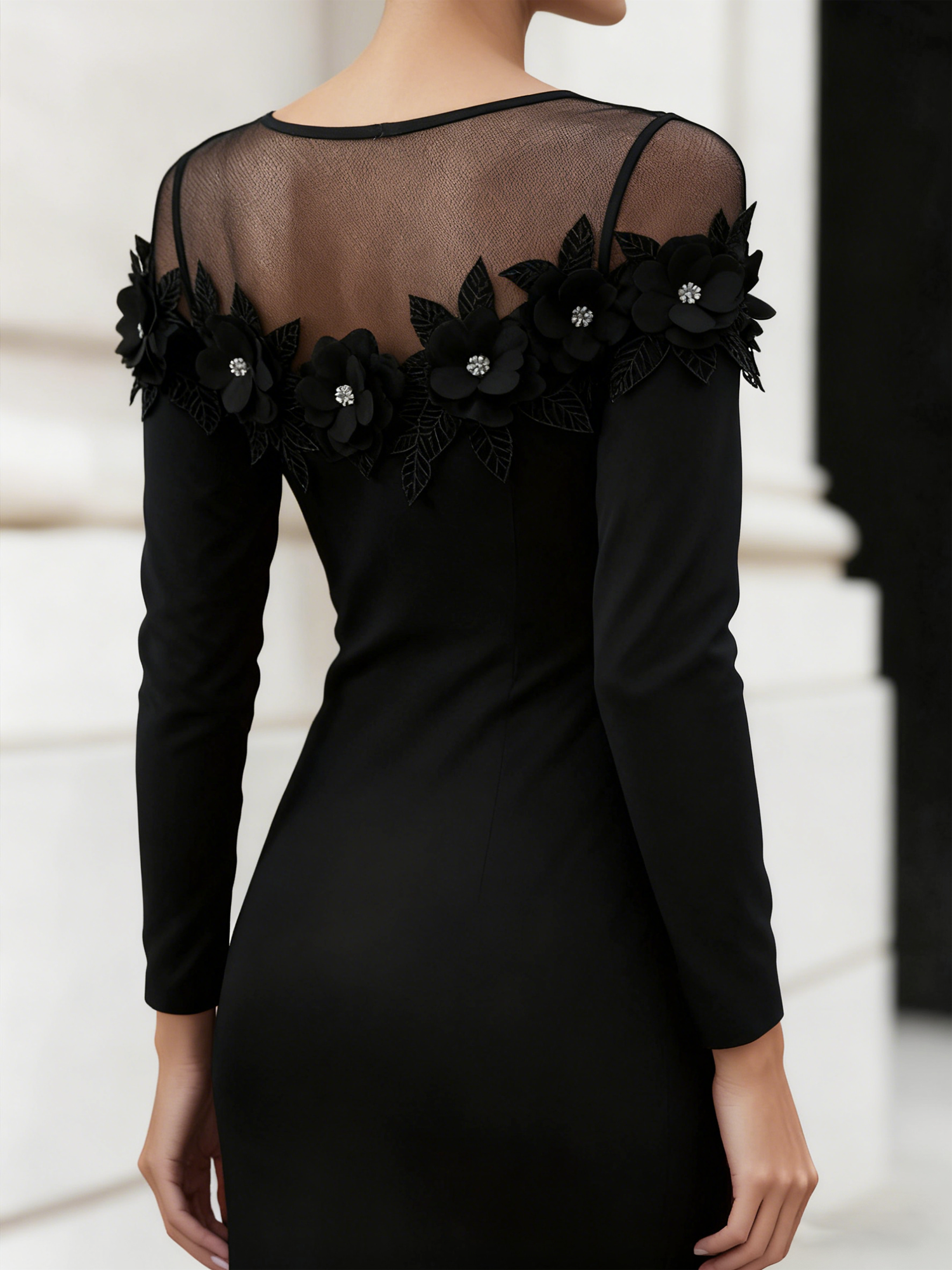 Elegant Plain 3D Floral Crew Neck Knee Length Dress