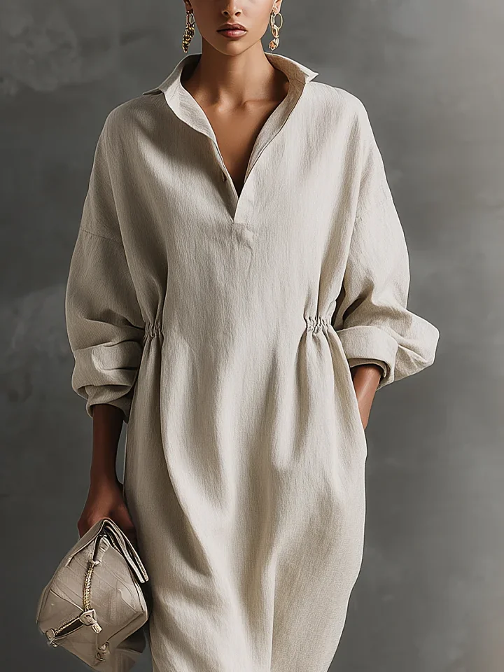 Casual Plain Shirt Collar Pockets Maxi Dress