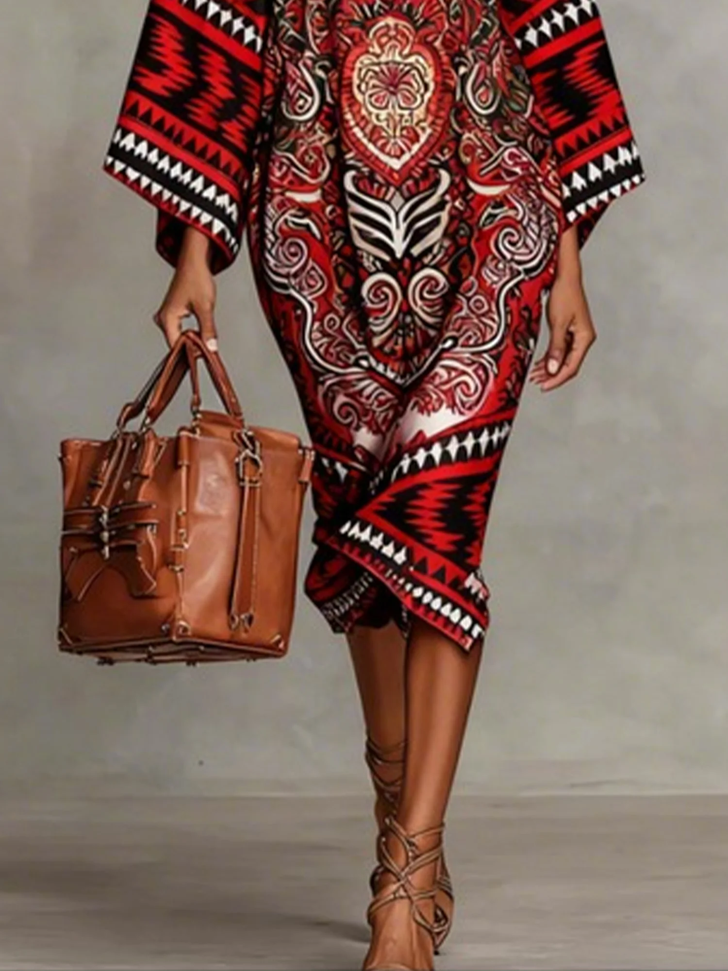 Urban Ethnic Printing Stand Collar Midi Dress