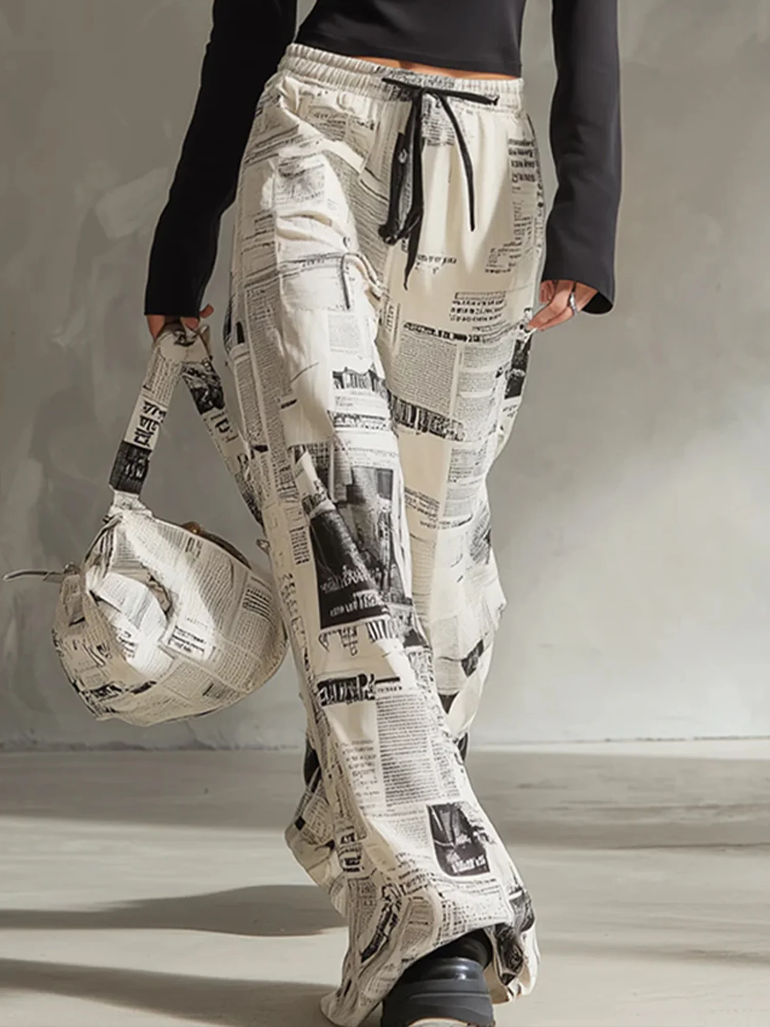 Casual Newspaper Printing Fashion  Wide Leg Pants