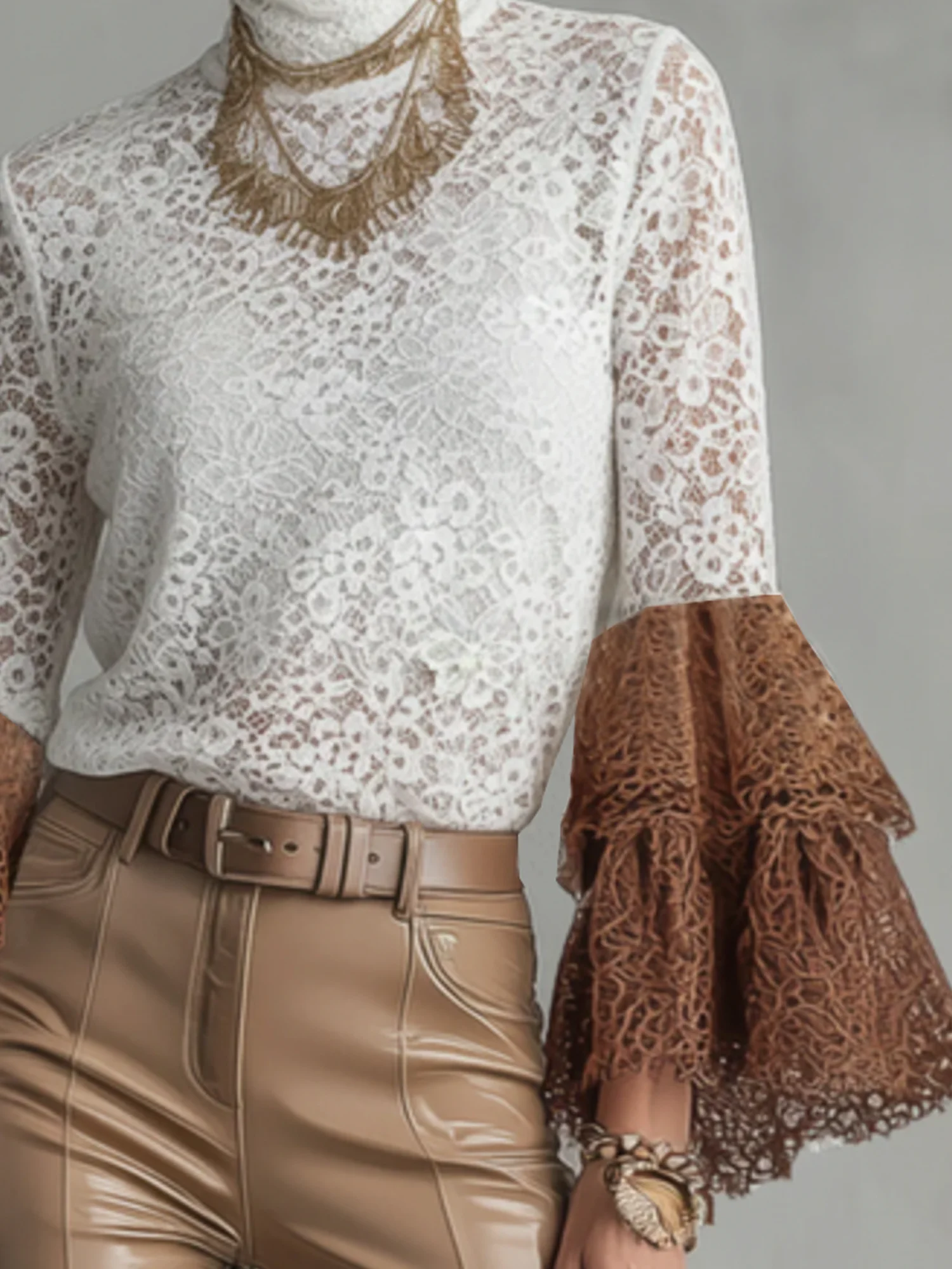 Lace Elegant Color Block Turtleneck Blouse