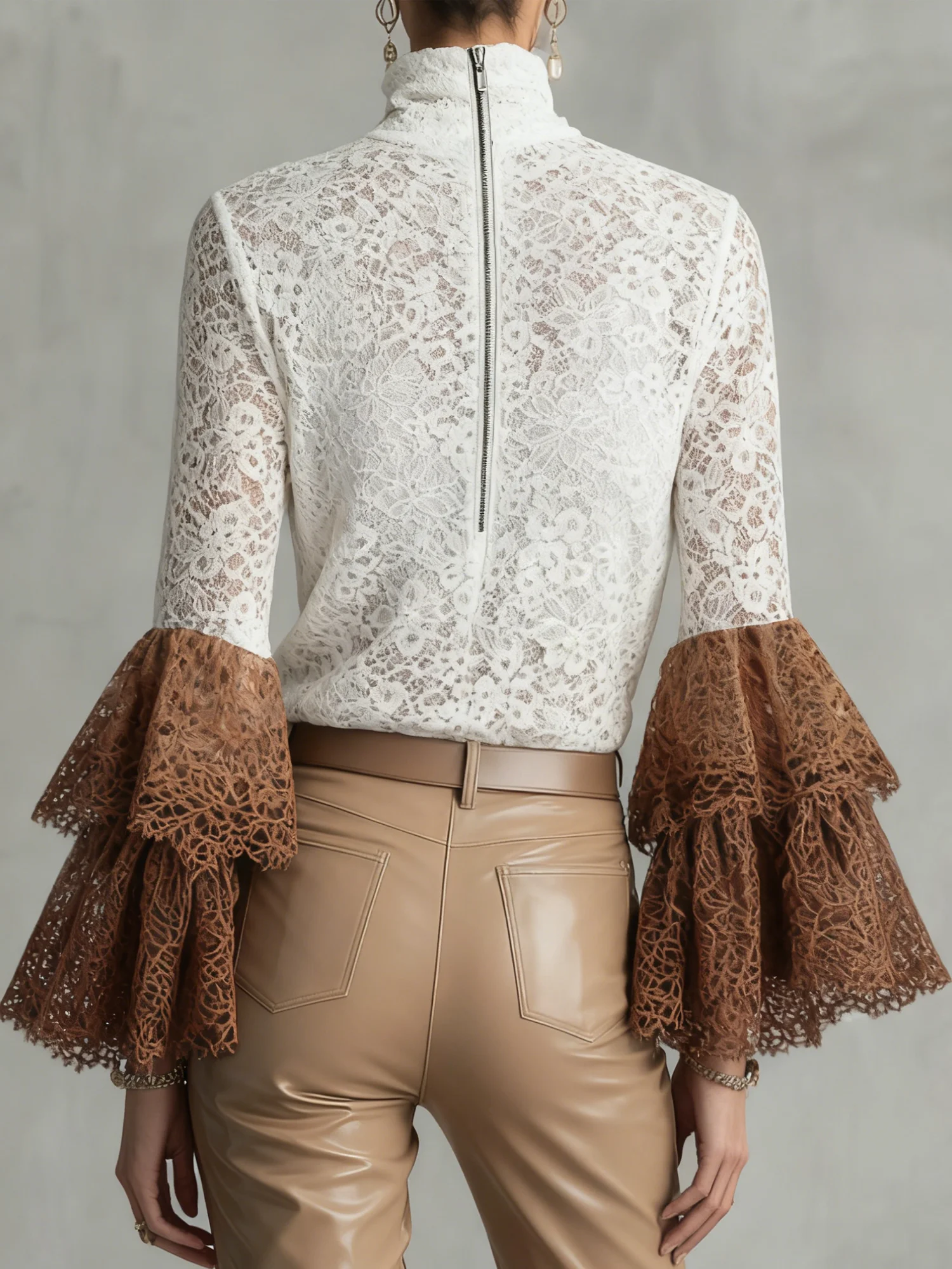 Lace Elegant Color Block Turtleneck Blouse