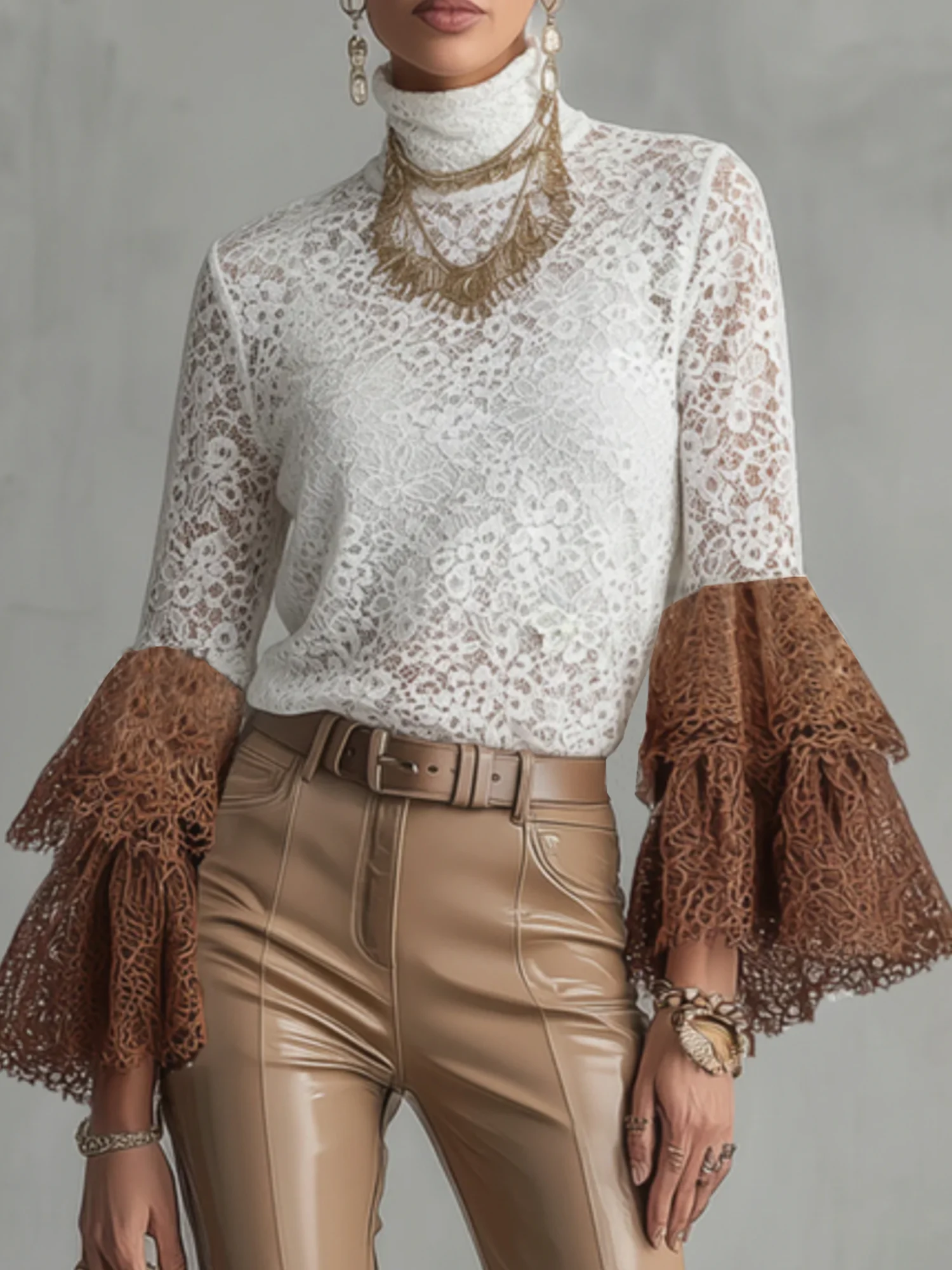 Lace Elegant Color Block Turtleneck Blouse