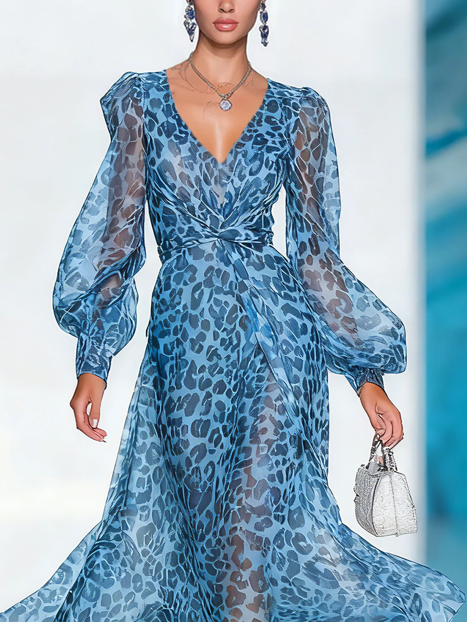 Vacation Leopard Balloon Sleeve Printing V Neck Midi Dress