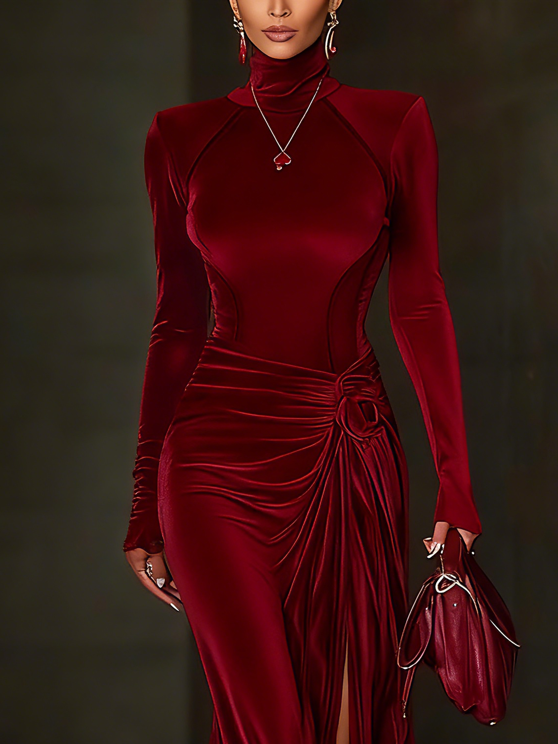 Elegant Velvet Stand Collar Maxi Gown with 3D Floral Appliqué