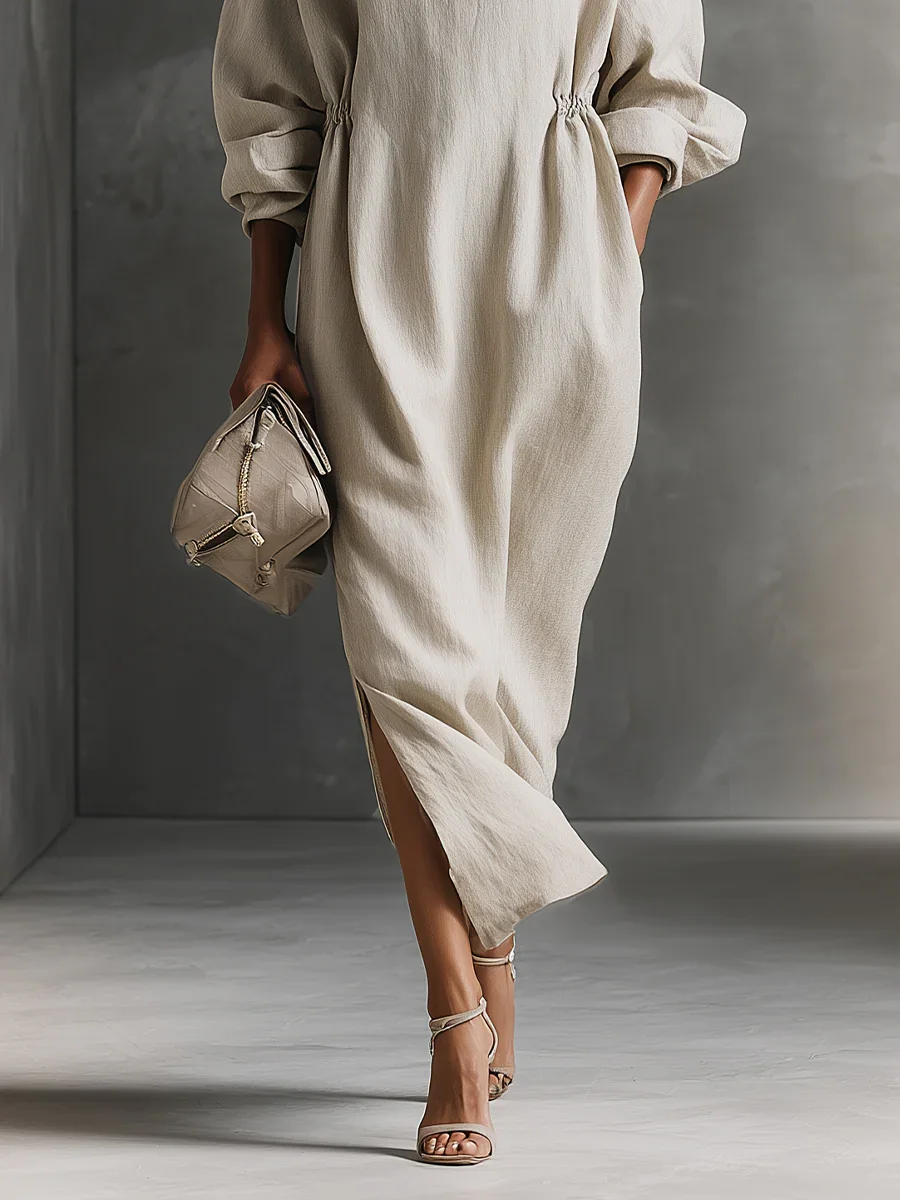 Casual Plain Shirt Collar Pockets Maxi Dress