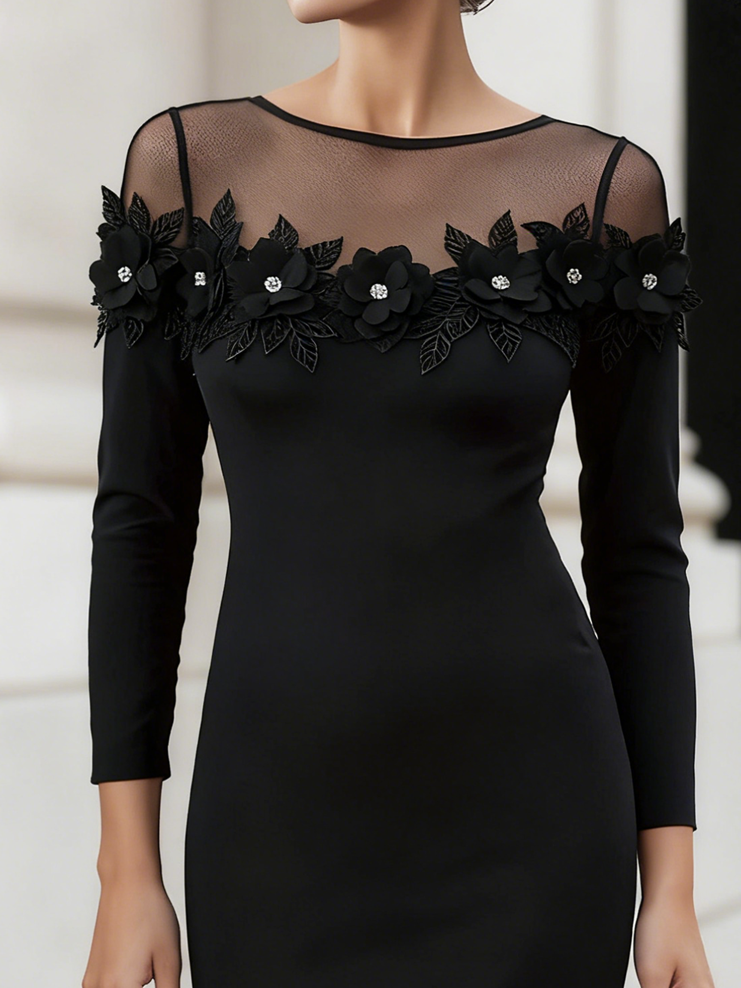 Elegant Plain 3D Floral Crew Neck Knee Length Dress