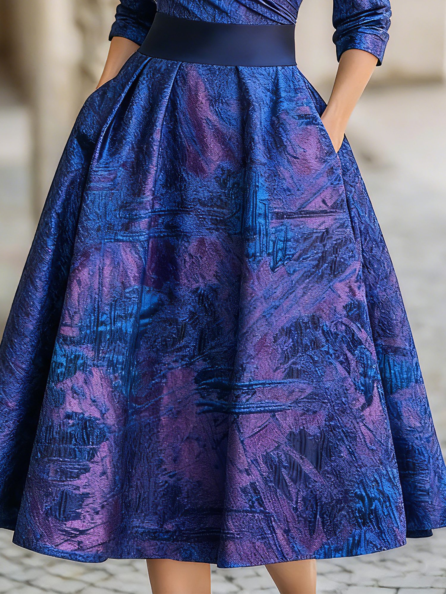 Elegant Random Print Ruched Shawl Collar Knee Length Dress