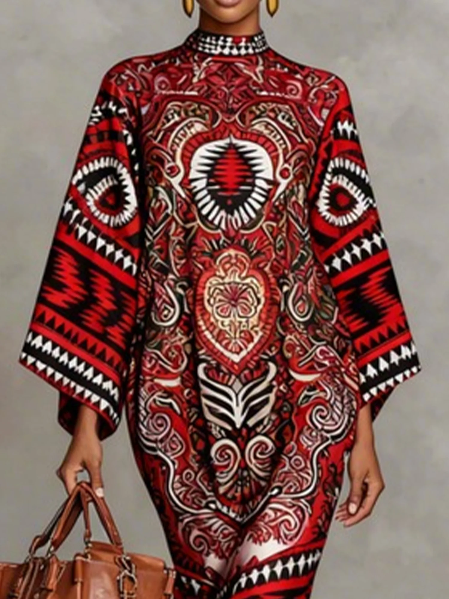 Urban Ethnic Printing Stand Collar Midi Dress