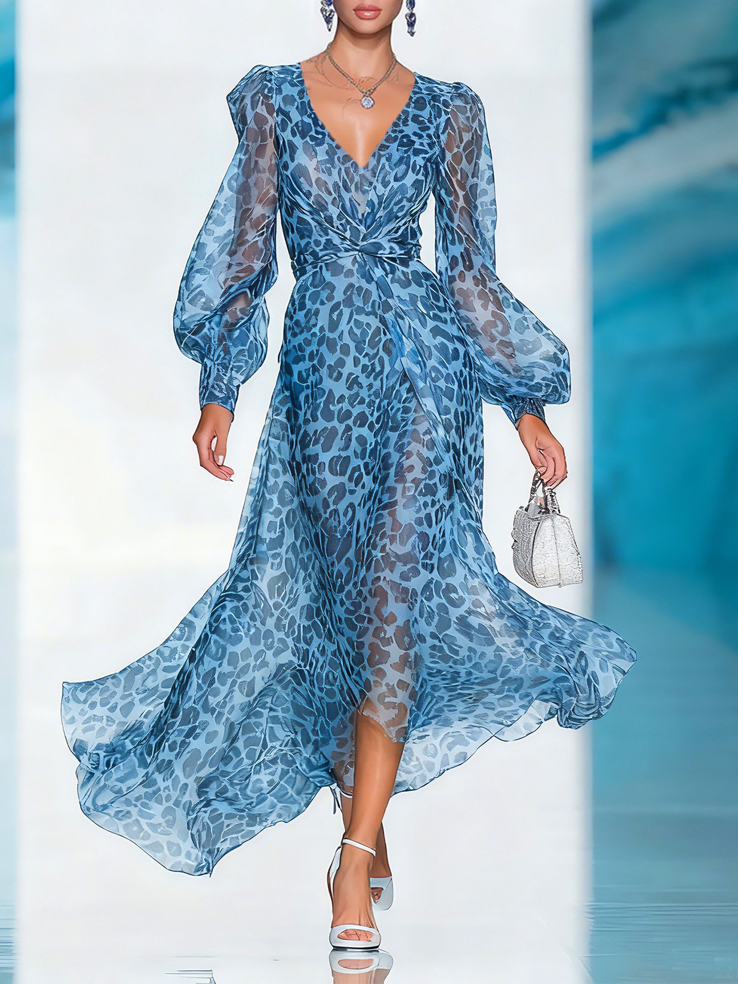 Vacation Leopard Balloon Sleeve Printing V Neck Midi Dress