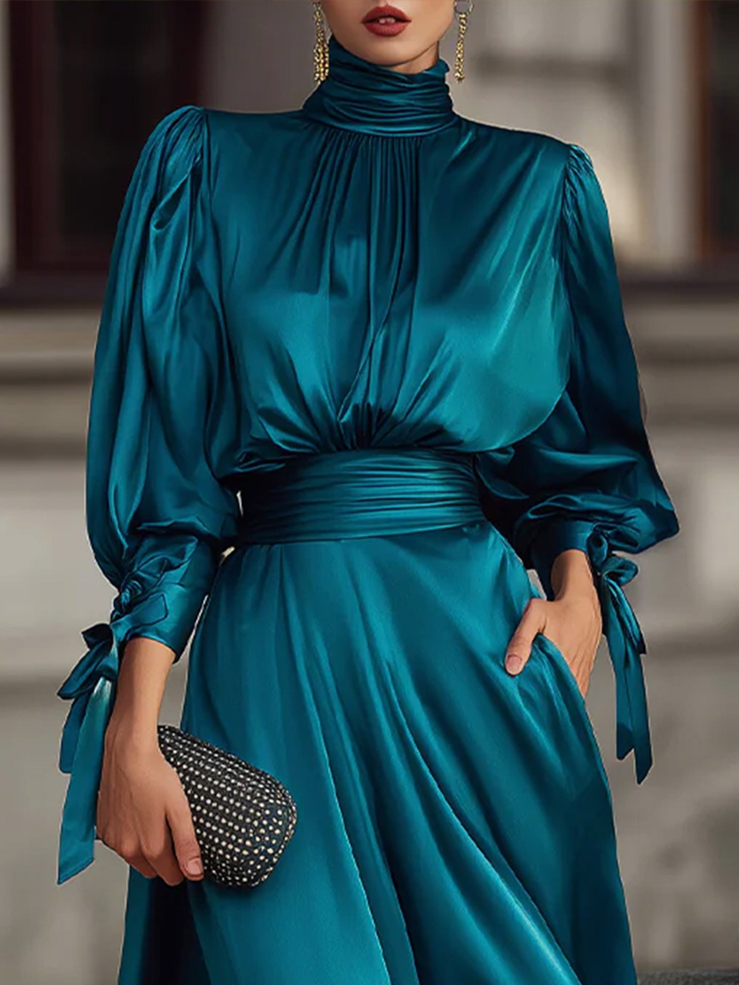 Elegant Plain Stand Collar Midi Dress With Belt