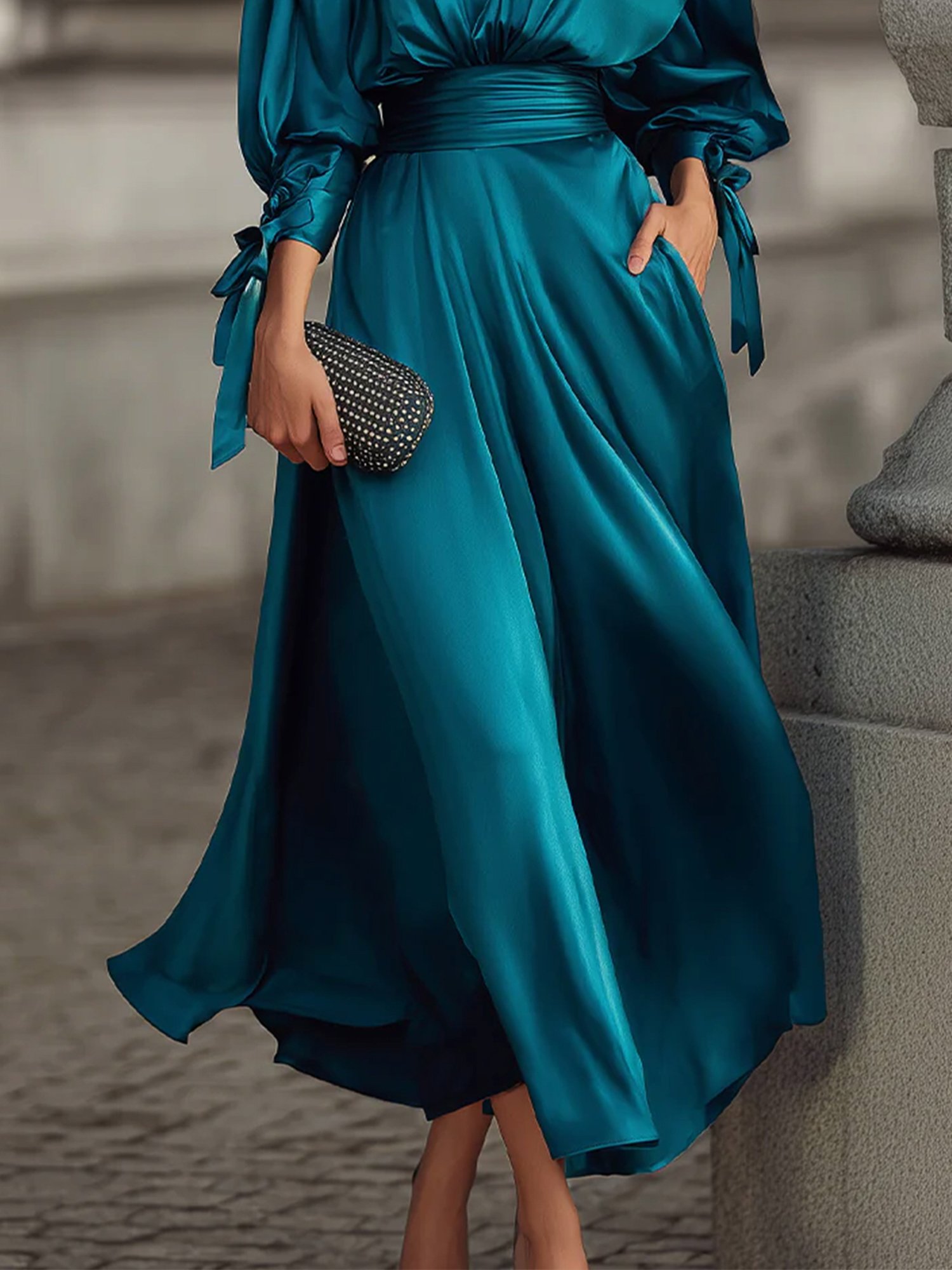 Elegant Plain Stand Collar Midi Dress With Belt