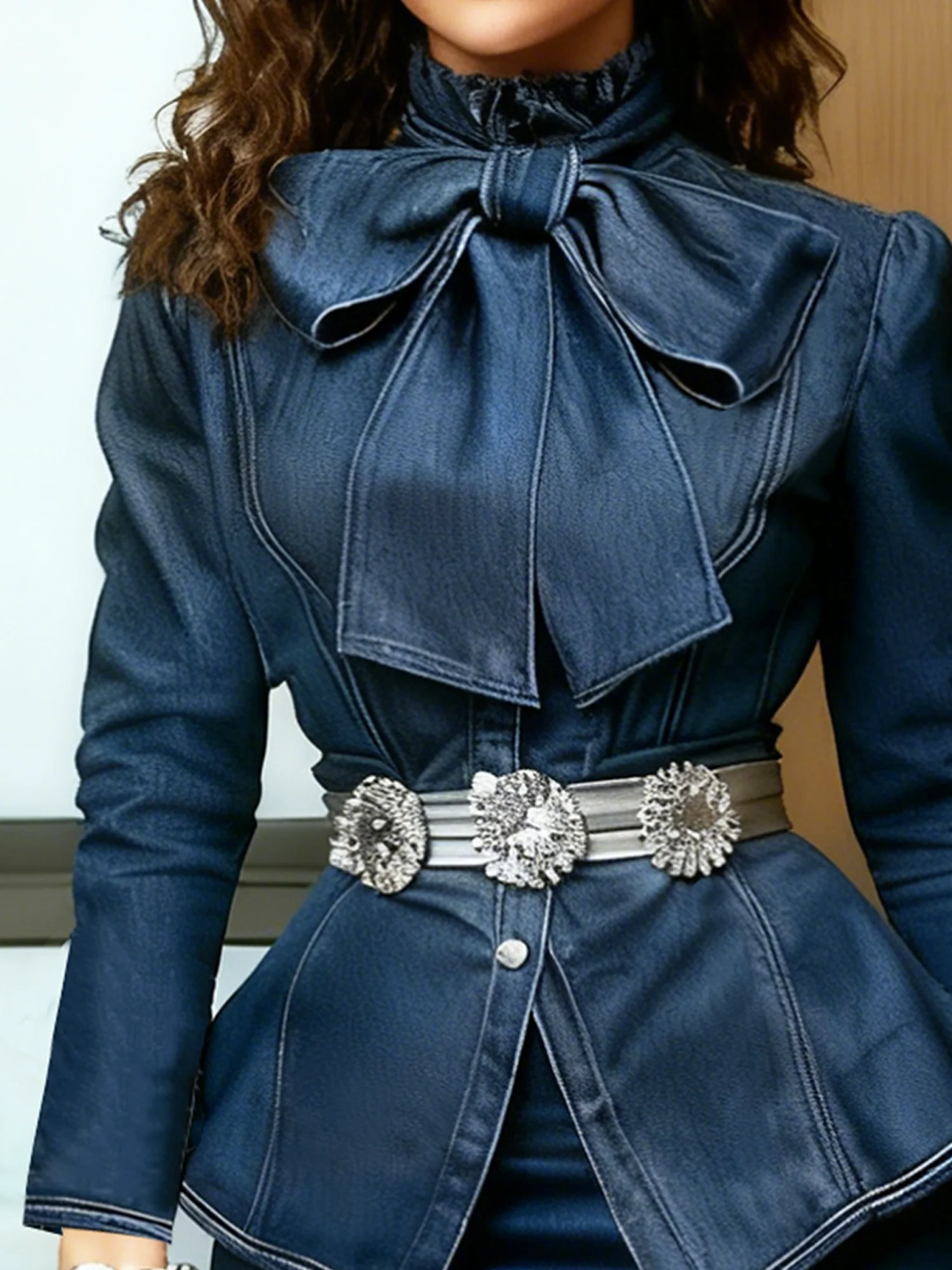 Elegant Plain Stand Collar Denim Coat