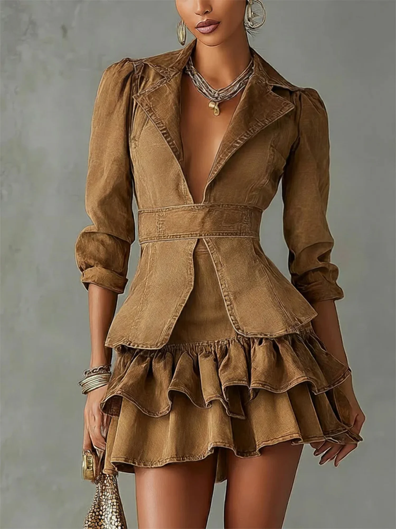 Folds Puff Sleeve Casual Denim Set With Belt