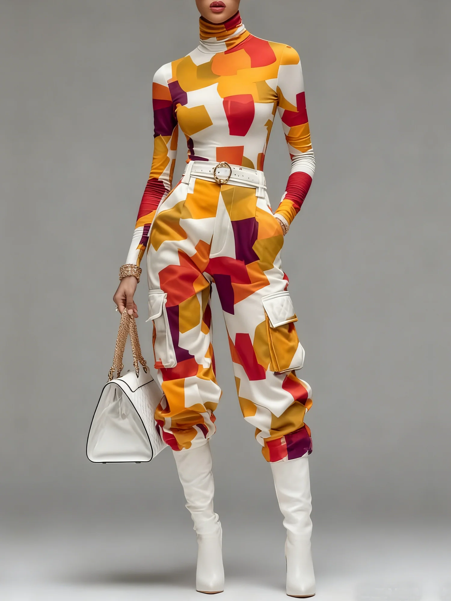 Urban Colorblock Printing Turtleneck T-shirt