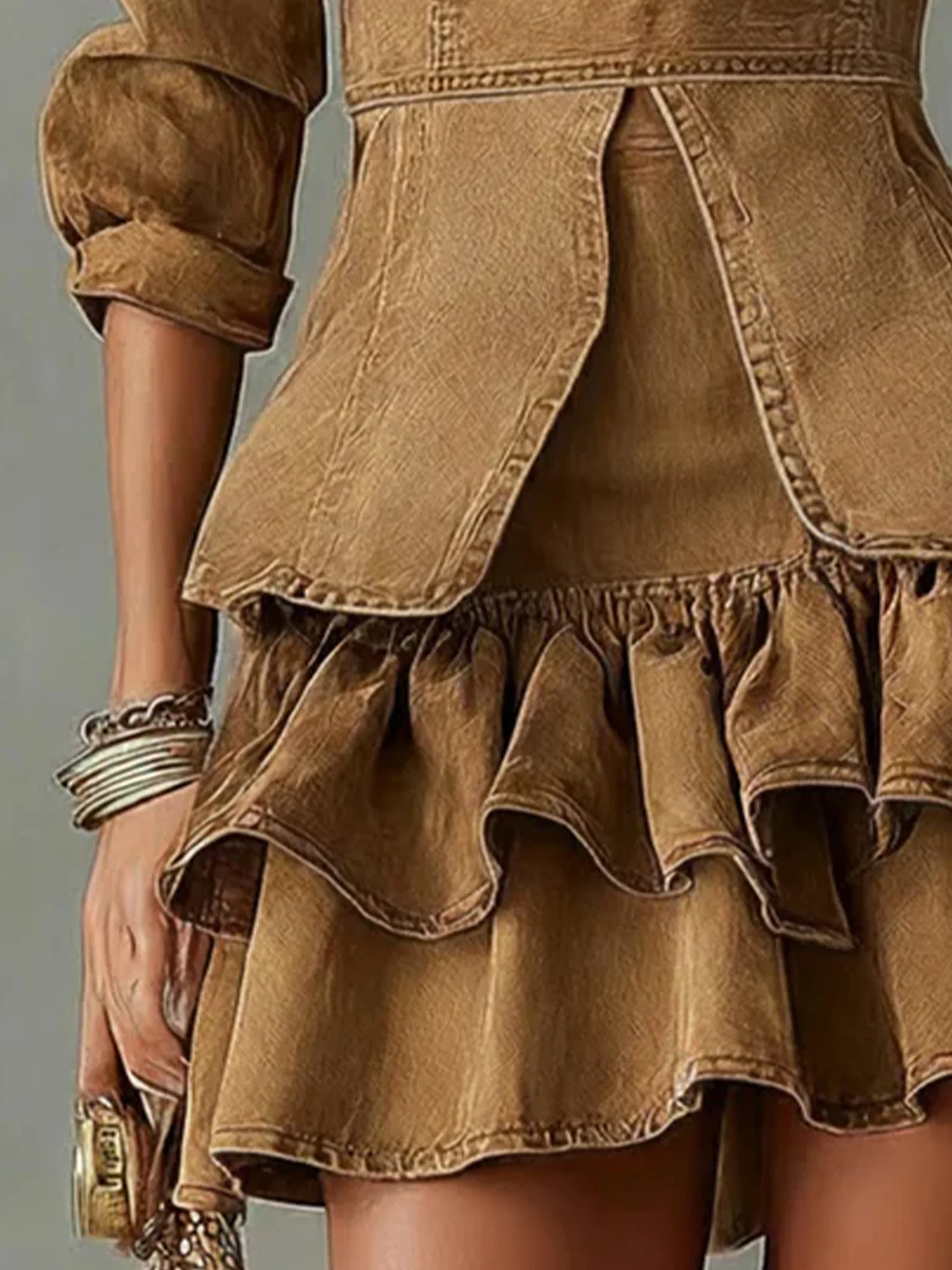 Folds Puff Sleeve Casual Denim Set With Belt