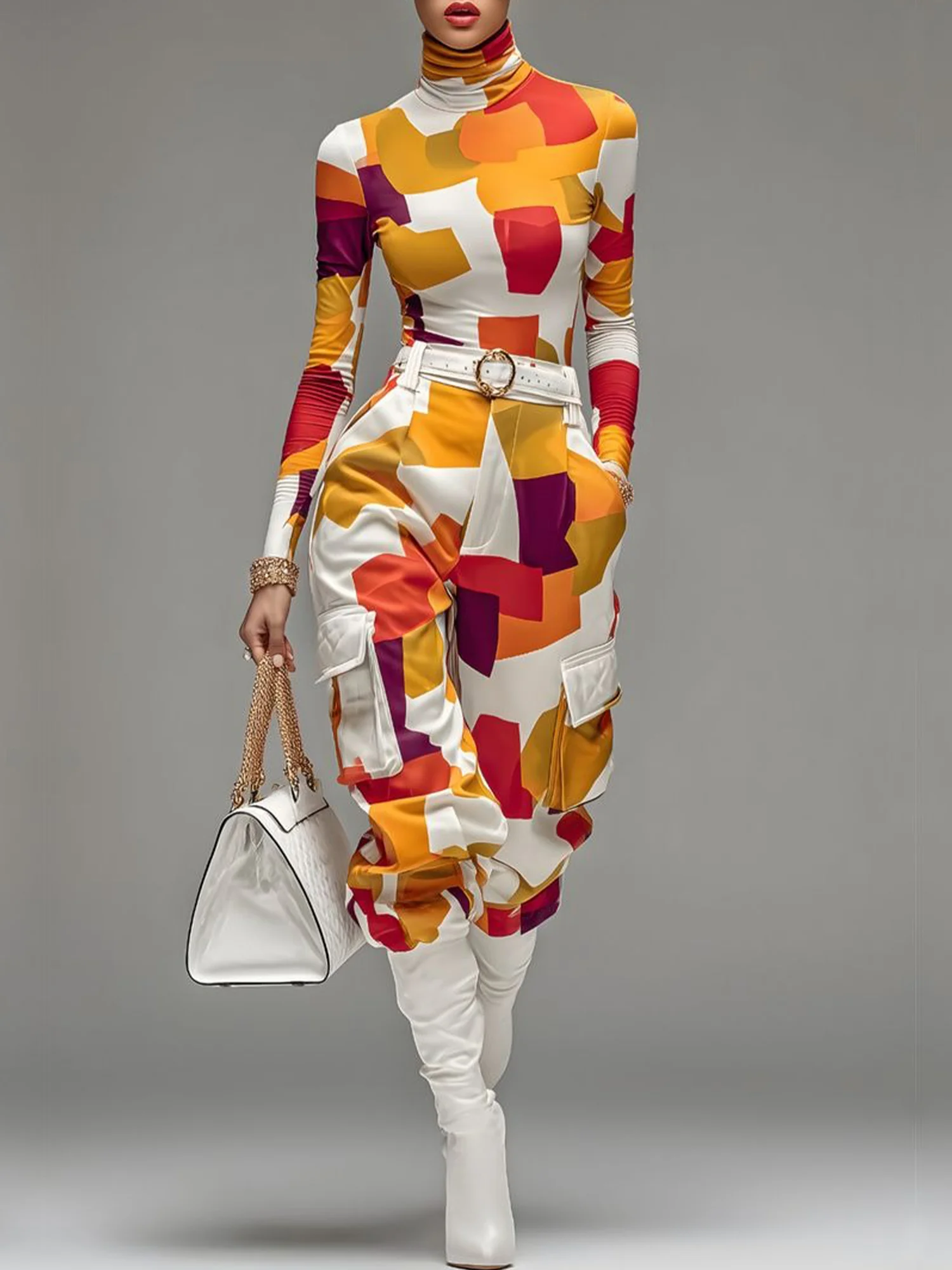 Urban Colorblock Printing Turtleneck T-shirt