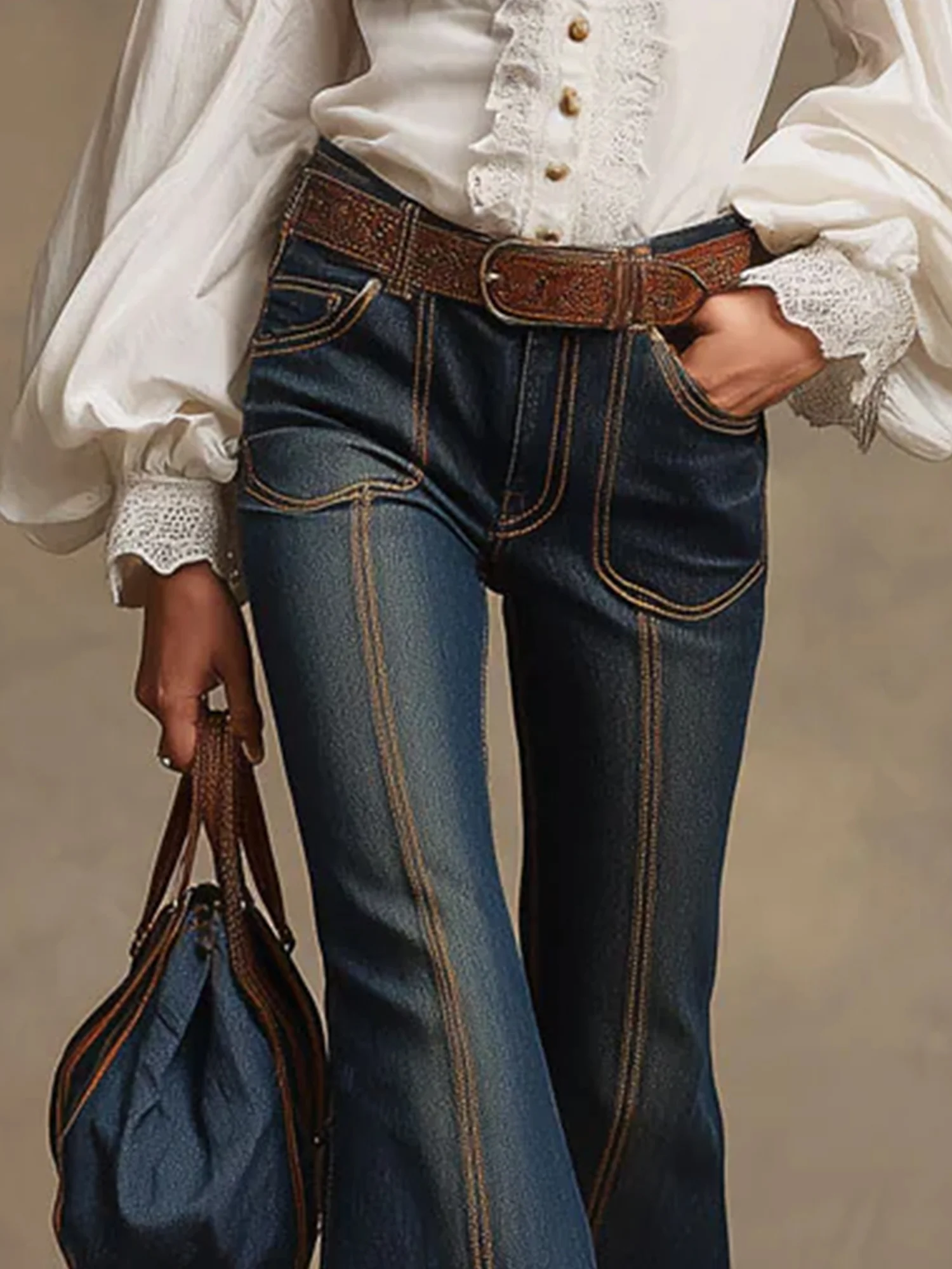 Denim Urban Plain Jeans Flare Pants