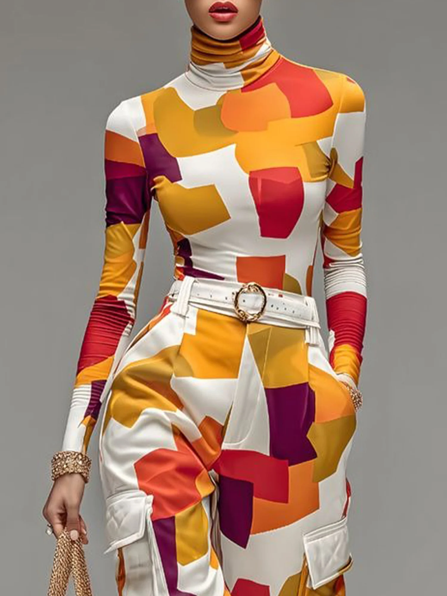 Urban Colorblock Printing Turtleneck T-shirt