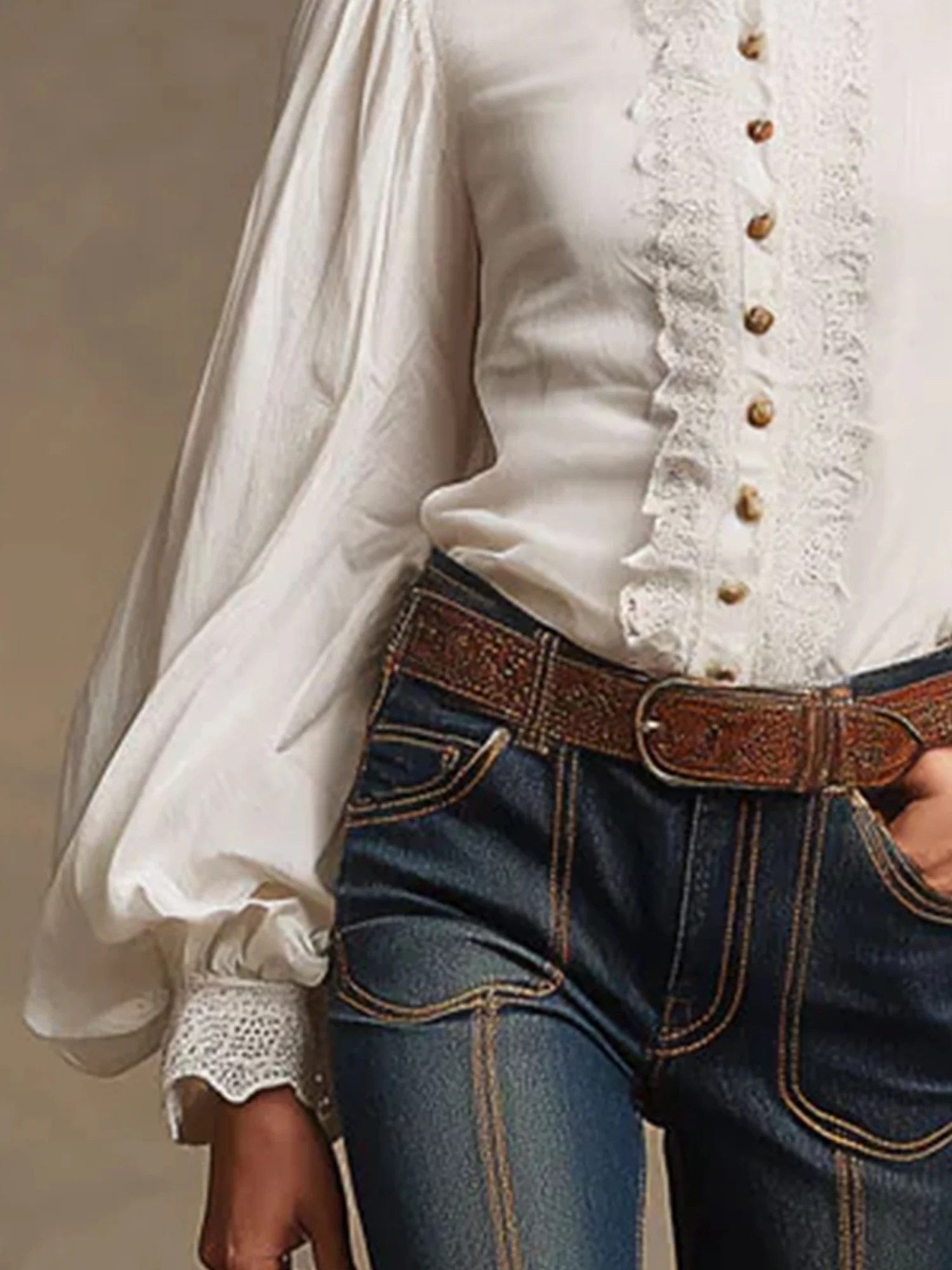 Cotton Urban Plain Lace Edge Stand Collar Balloon Sleeve Shirt