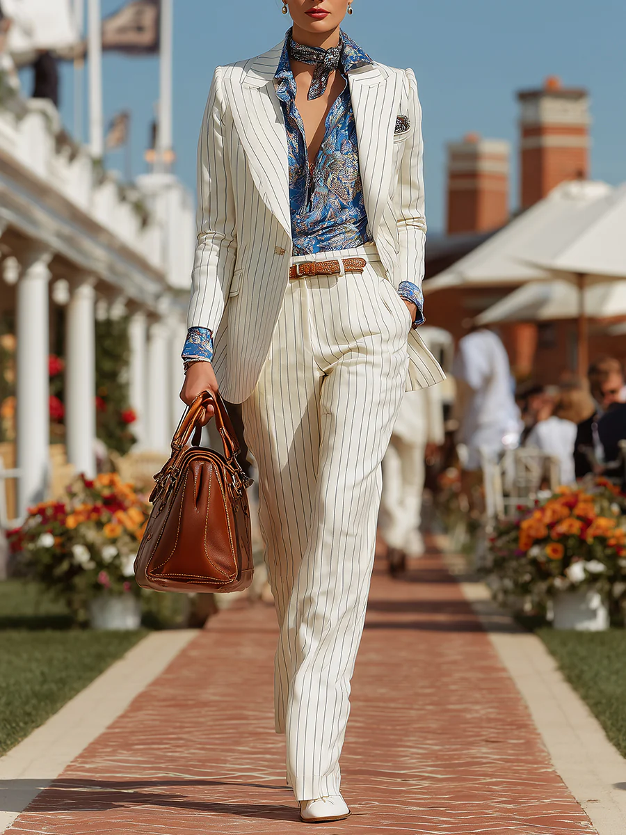 Urban Buttoned Striped Lapel Collar Blazer