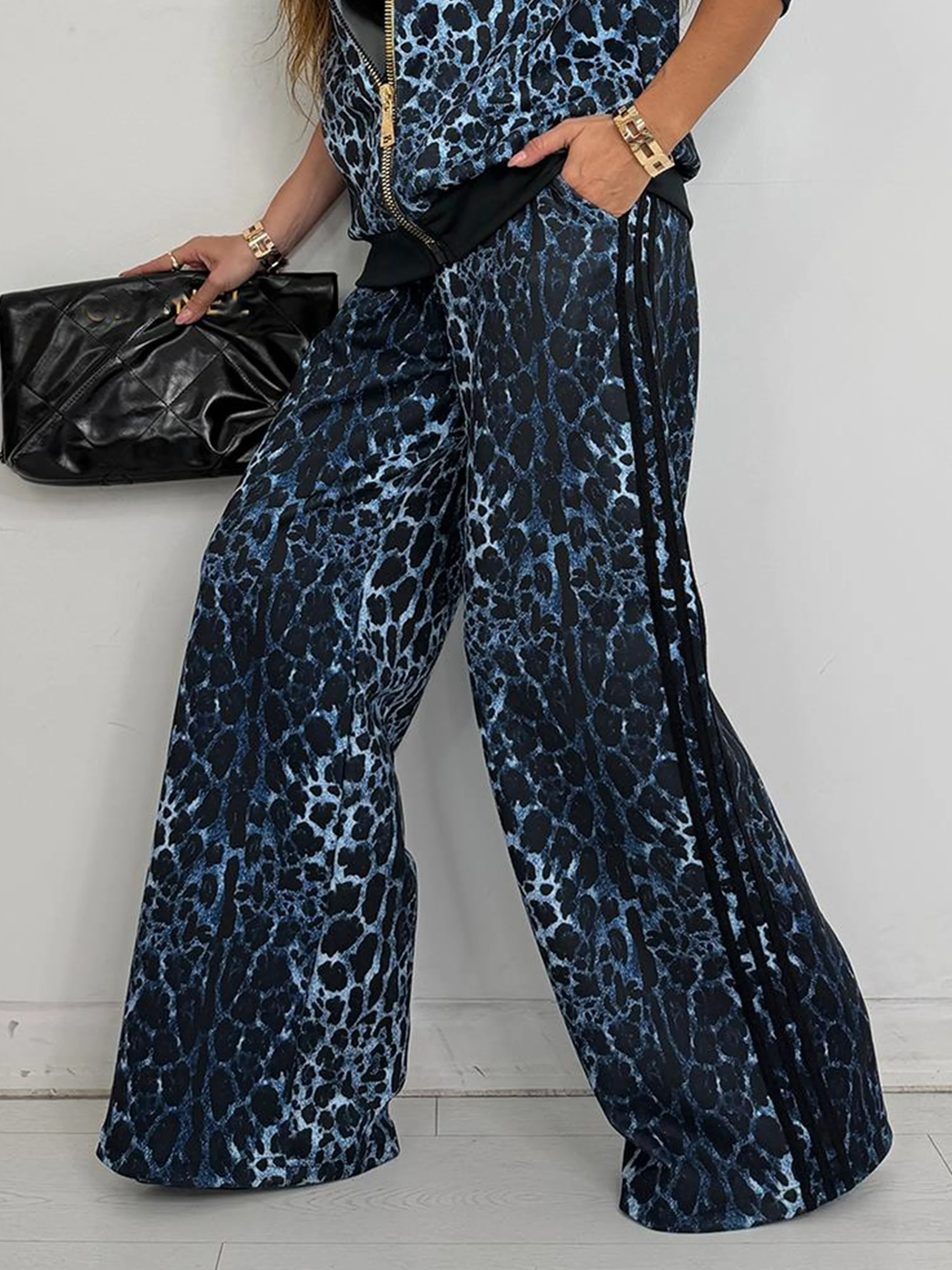 Casual Leopard Buttoned Straight Pants