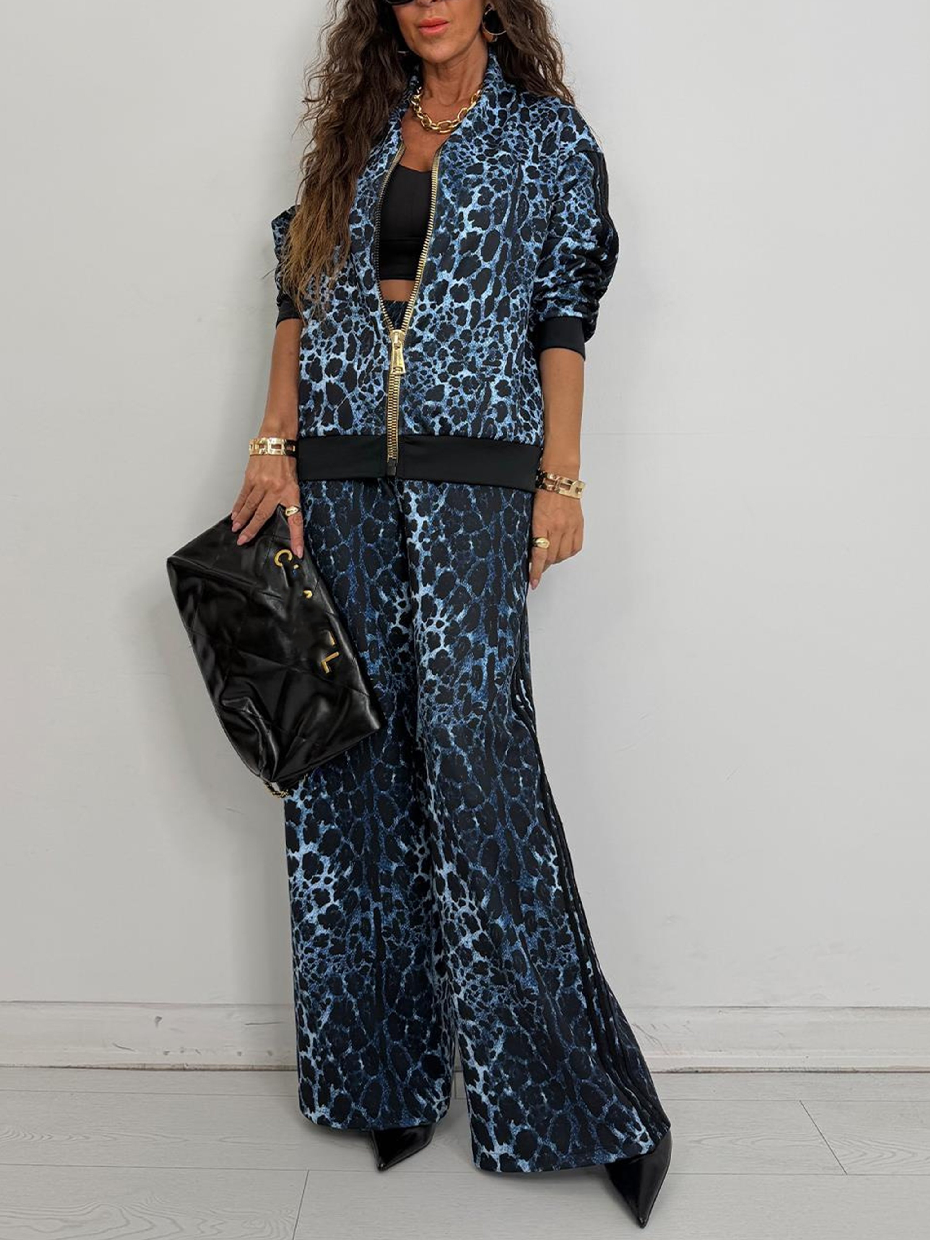 Casual Zipper Leopard Crew Neck Jacket