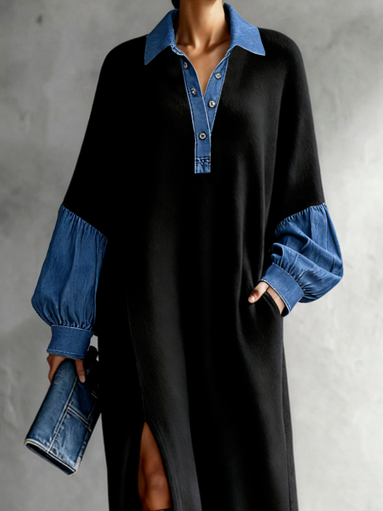 Casual Color Block Shirt Collar Maxi Dress