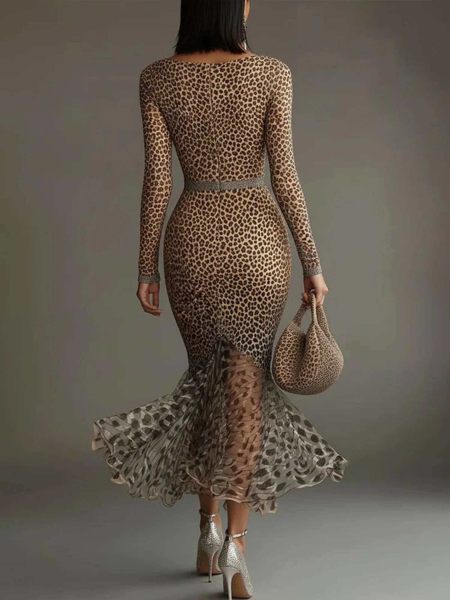 Elegant Leopard Split Joint V Neck Midi Dress